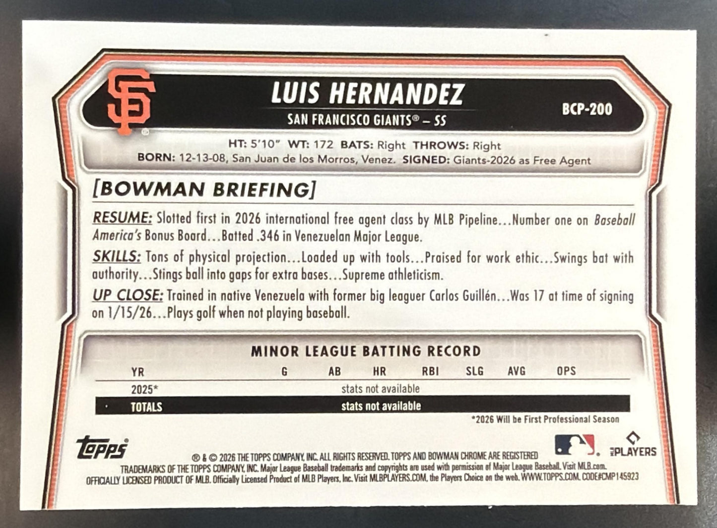 2026 Bowman Chrome Luis Hernandez Purple Shimmer Refractor /250 1st Prospect — back