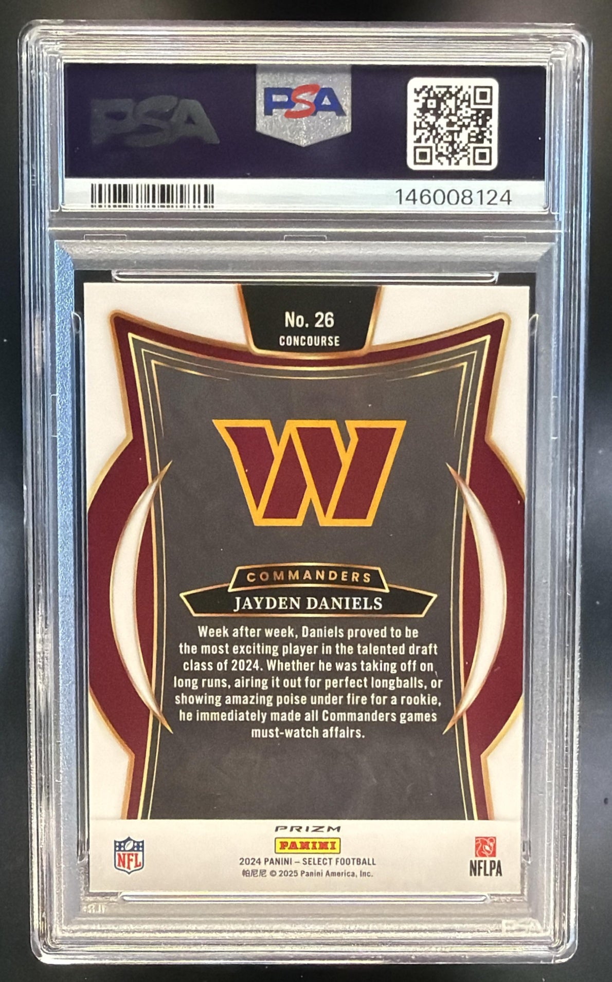 2024 Panini Select Jayden Daniels Concourse Black and Red Prizm Shock RC PSA 9 — back