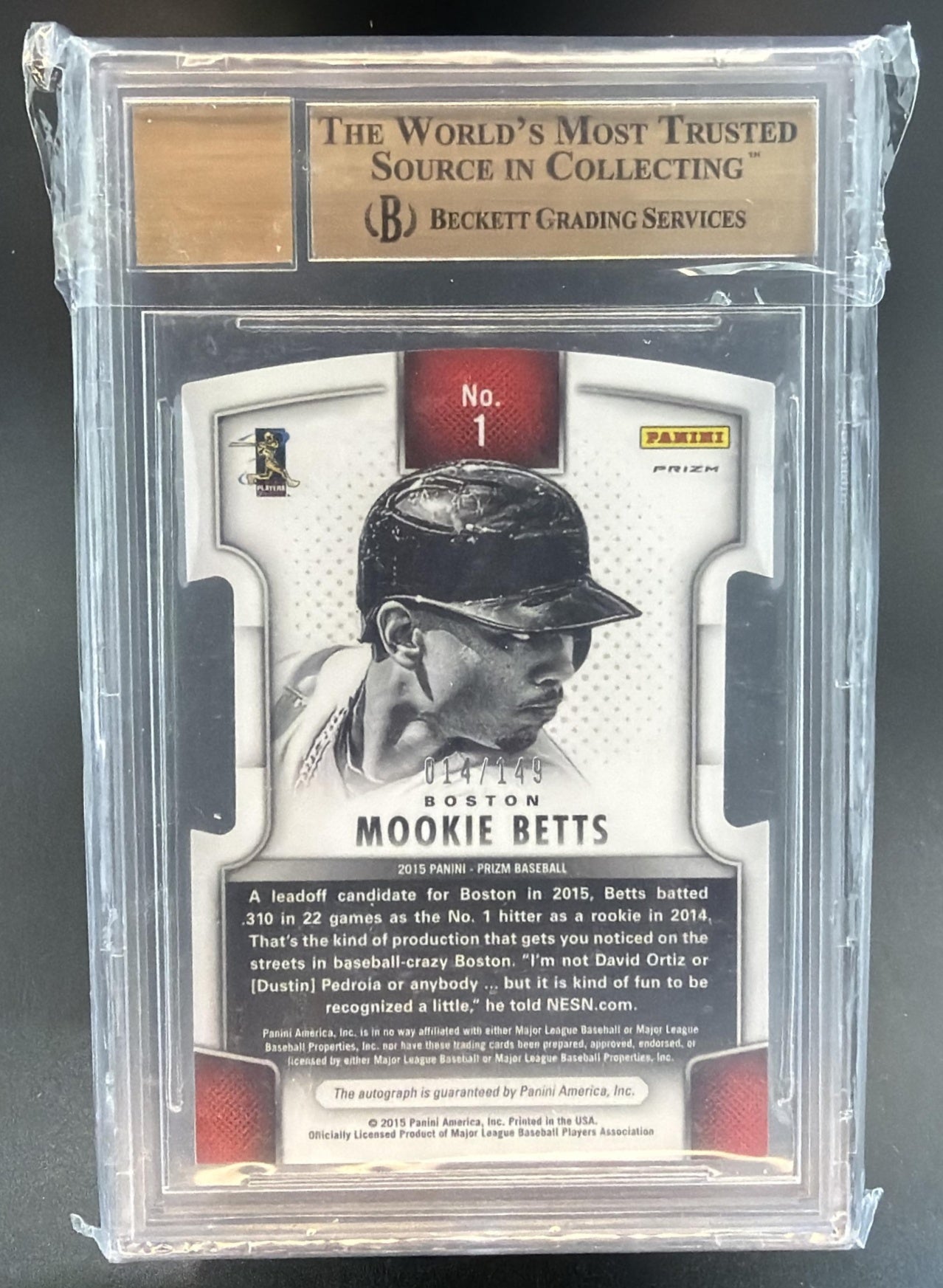 2015 Prizm Mookie Betts #1 Fresh Faces Black & White Checker /149 Auto BGS 9.5 — back