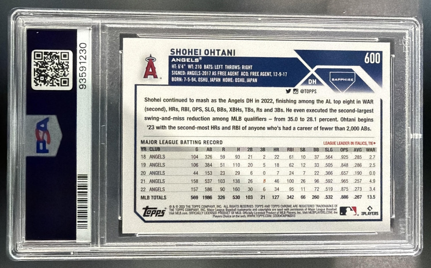 2023 Topps Chrome Sapphire Shohei Ohtani #600 Angels PSA 9 — back