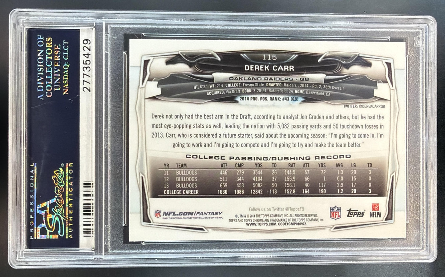 2014 Topps Chrome Derek Carr #115 RC Raiders PSA 10 — back