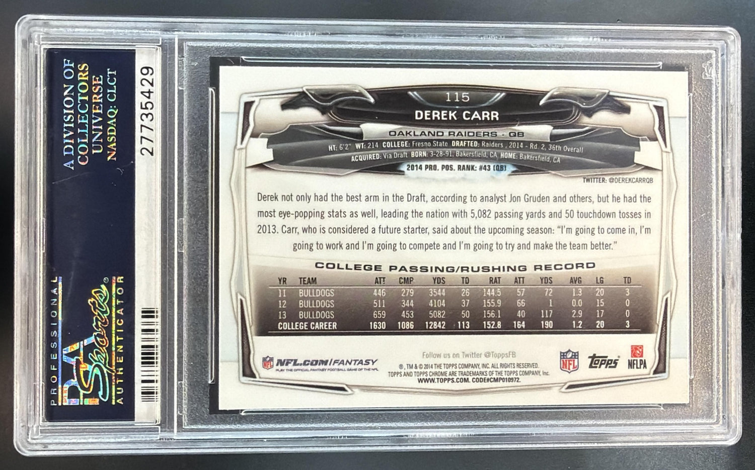 2014 Topps Chrome Derek Carr #115 RC Raiders PSA 10 — back