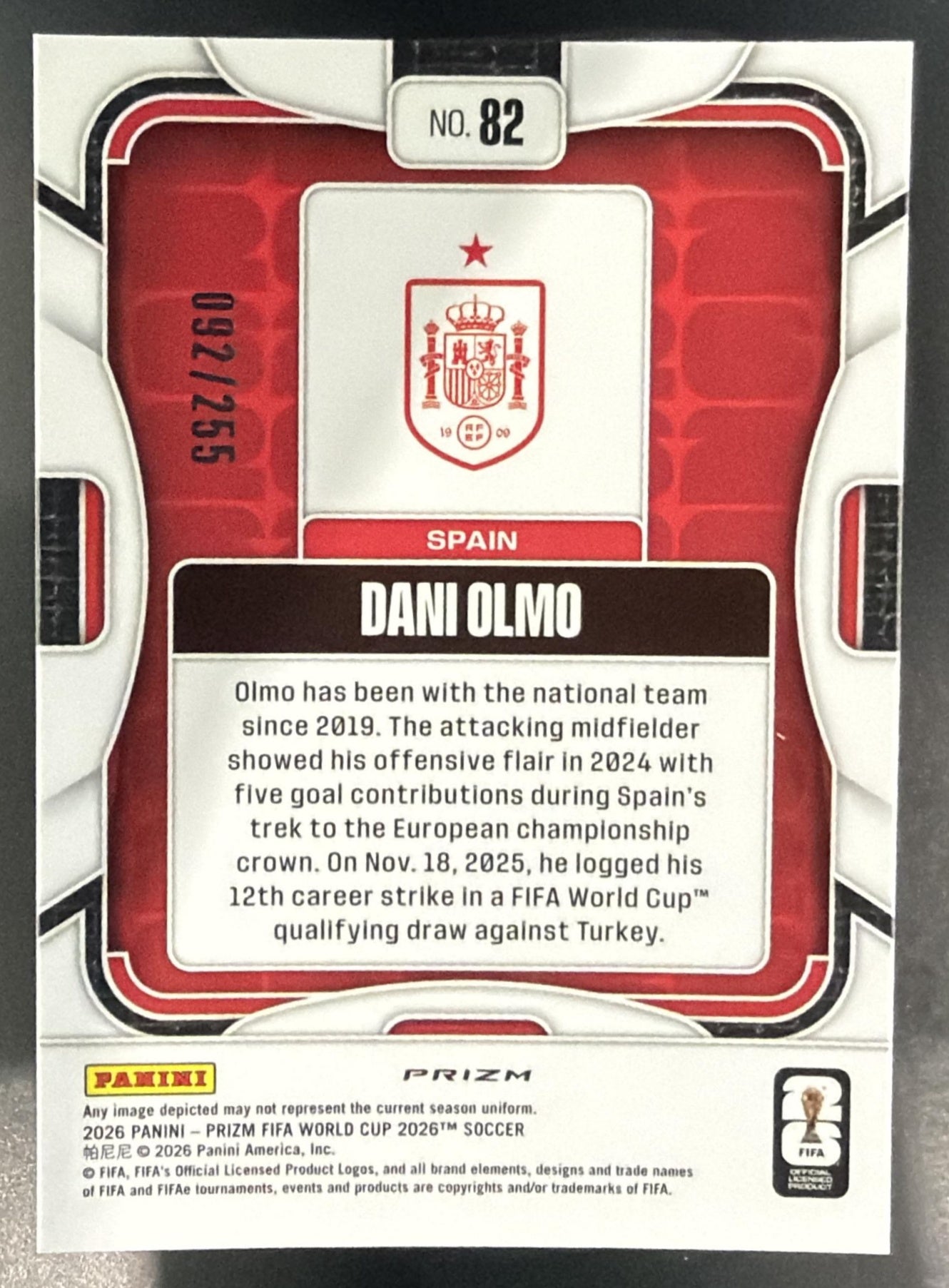 2026 Panini Prizm World Cup Dani Olmo #82 Teal Flash 92/255 Spain — back