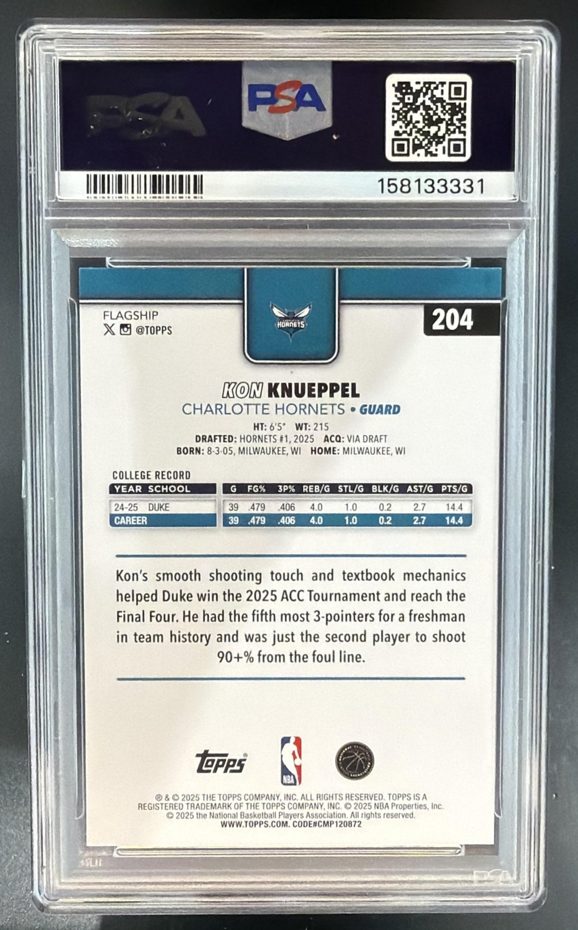 2025-26 Topps Kon Knueppel #204 RC Hornets PSA 10 — back