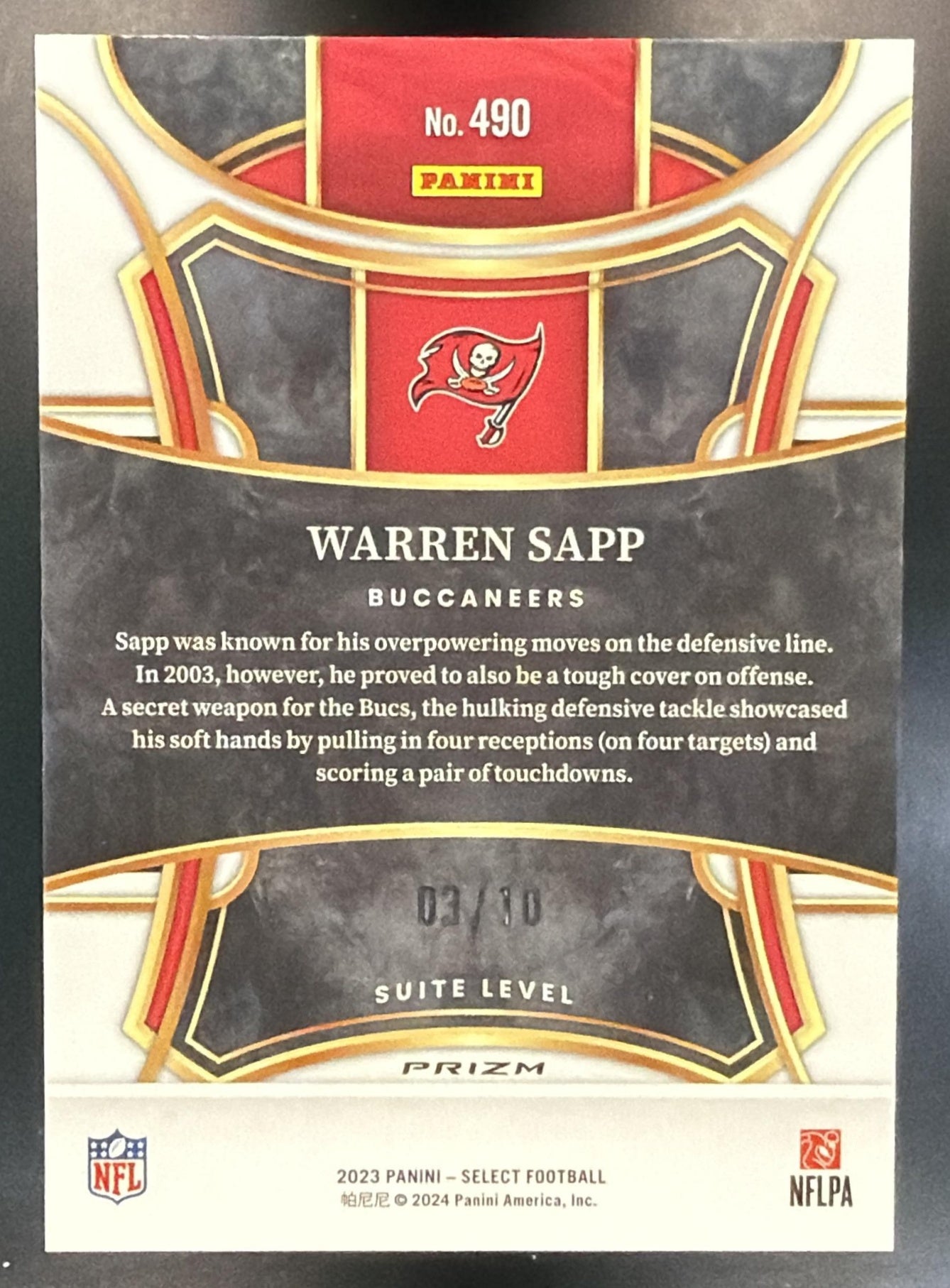 2023 Panini Select Warren Sapp #490 Gold Prizms /10 Suite Buccaneers — back