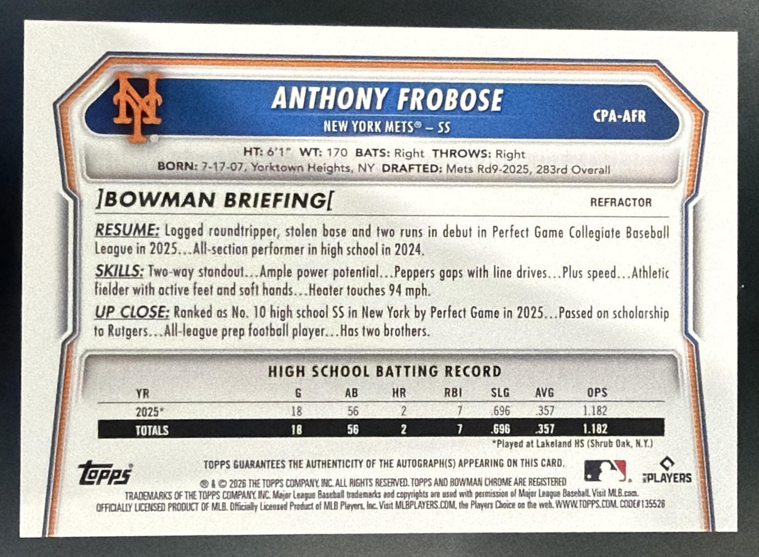 2026 Bowman Anthony Frobose #CPA-AFR Chrome Auto Refractor /499 1st Prospect — back