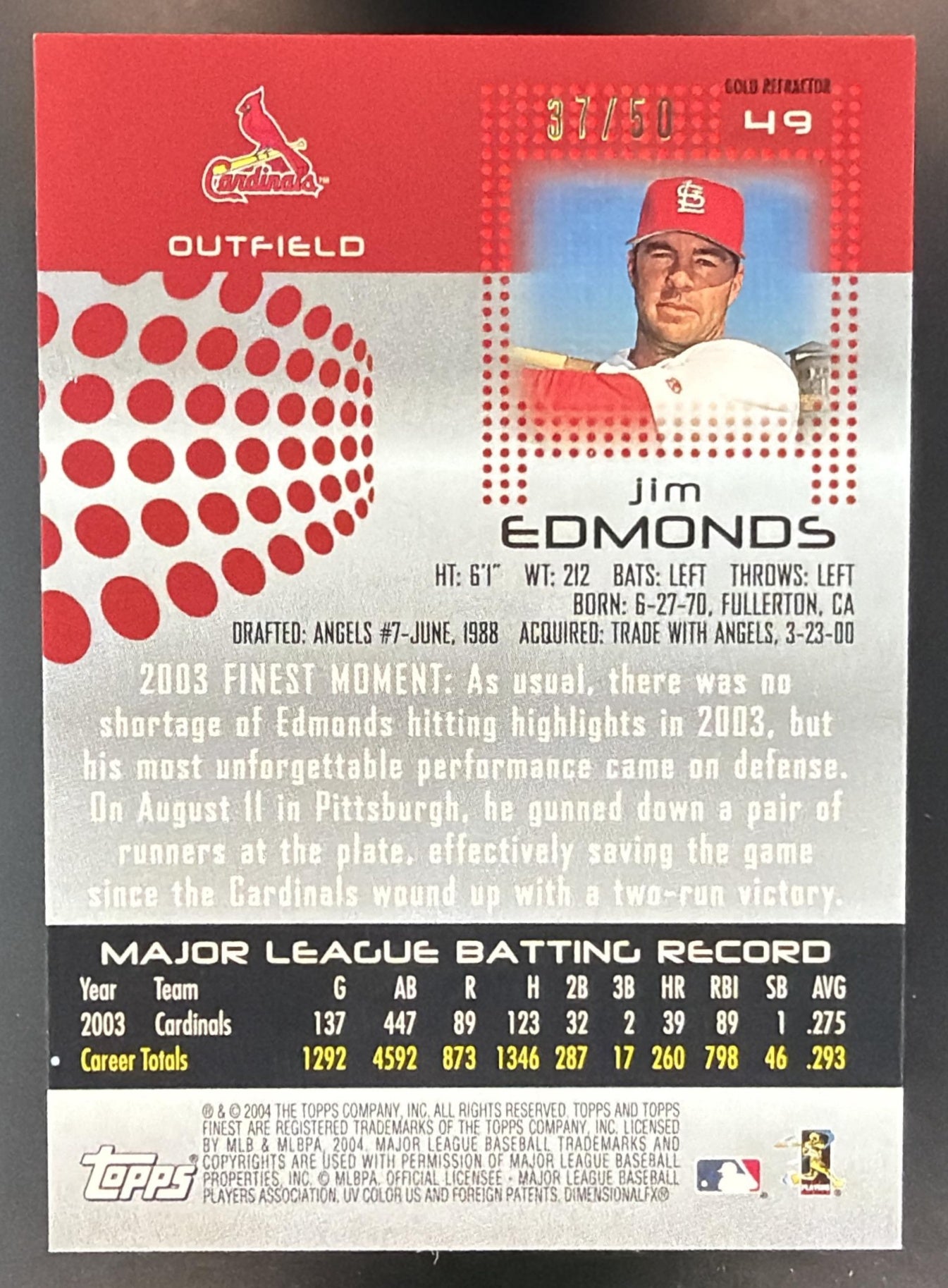 2004 Topps Finest Jim Edmonds #49 Gold Refractor 37/50 Cardinals — back