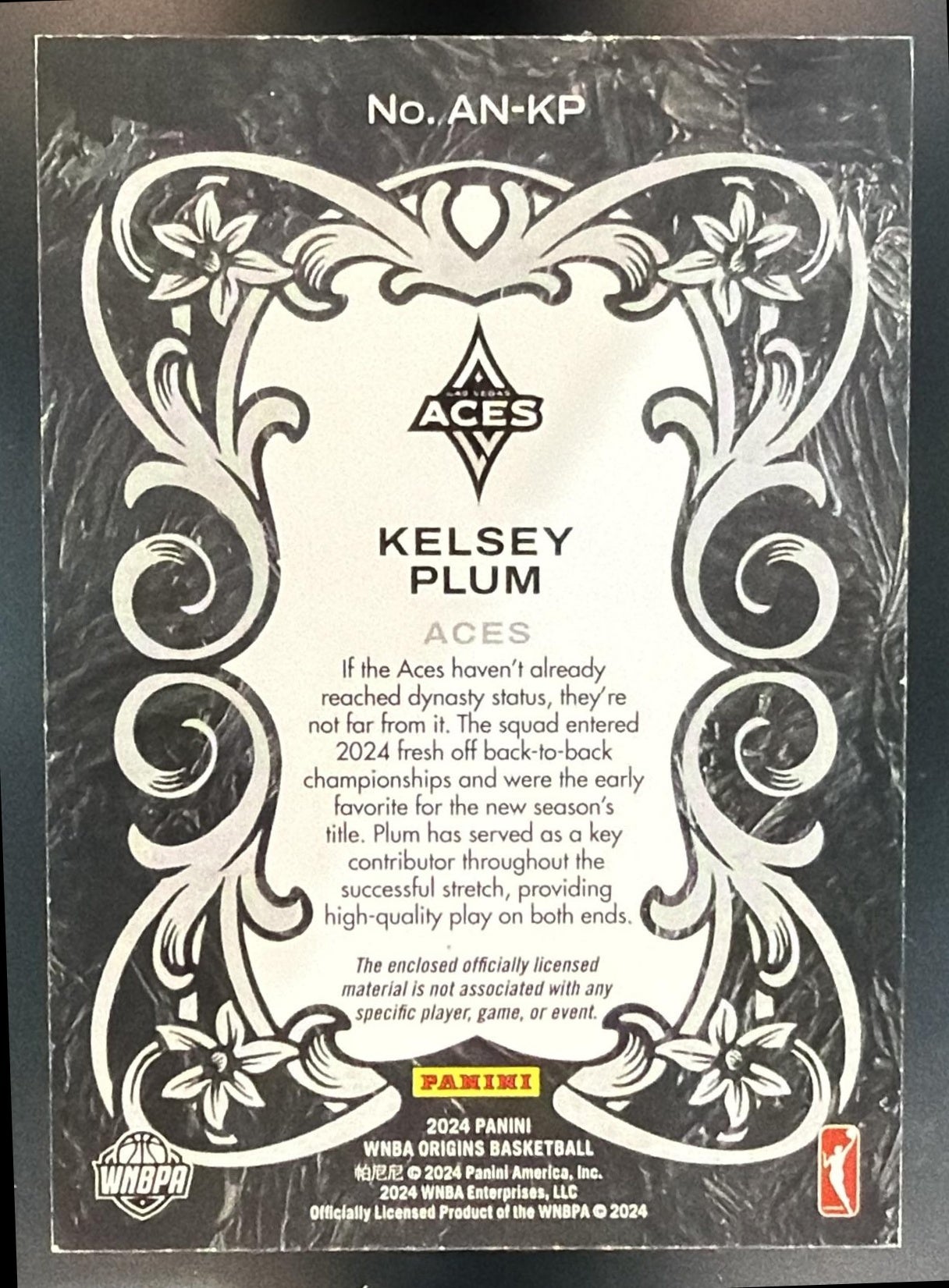 2024 Panini Origins WNBA Kelsey Plum #AN-KP Art Nouveau Memorabilia Blue /25 MEM — back