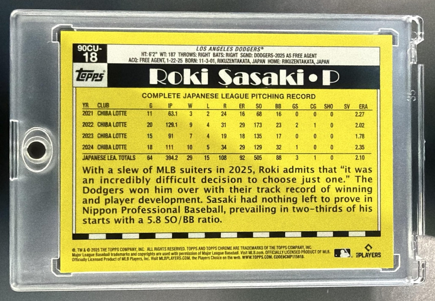 2025 Topps Chrome Update Roki Sasaki #90CU-18 1990 Red Refractor 4/5 RC Dodgers — back