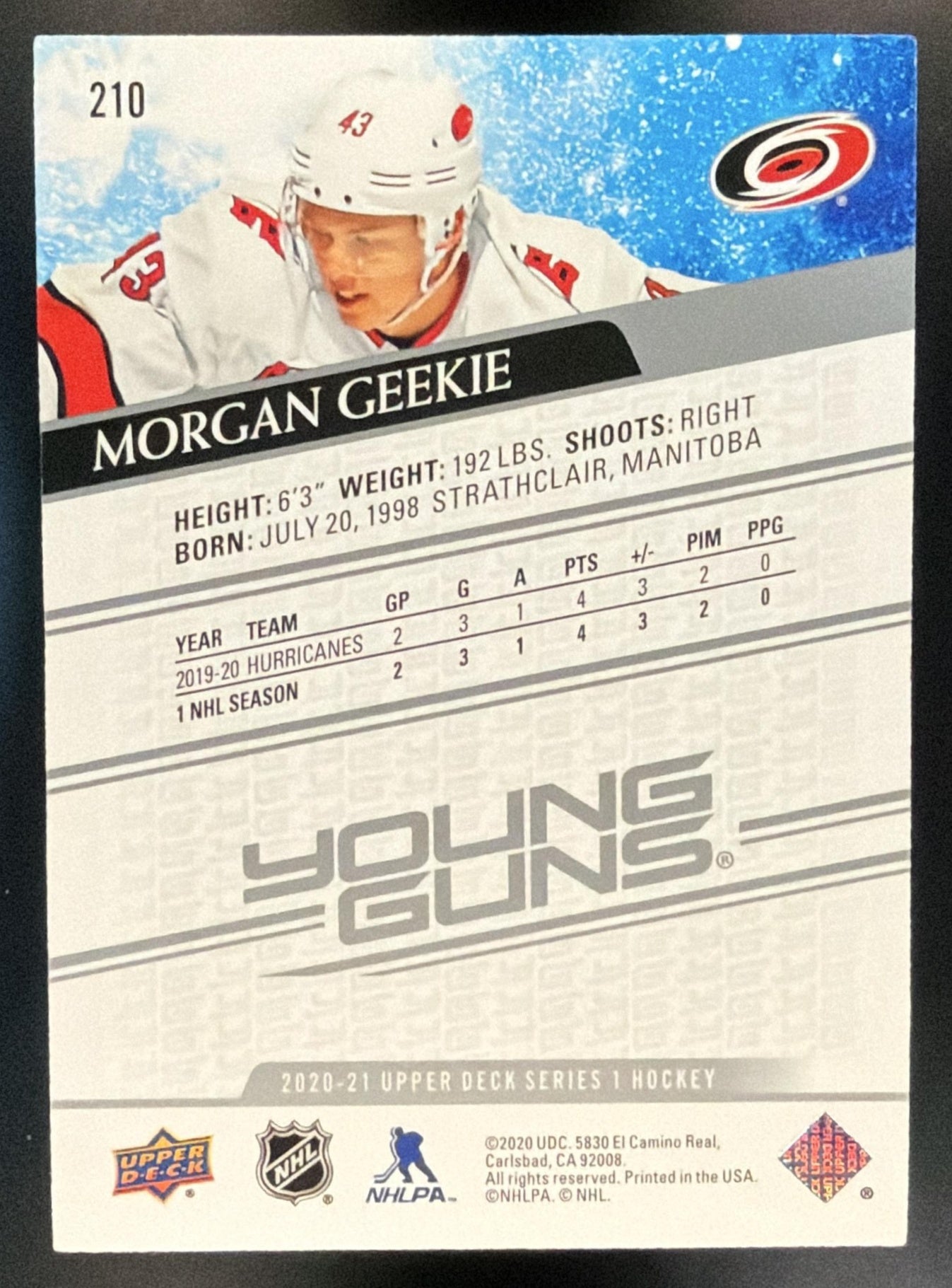 2020-21 Upper Deck Morgan Geekie #210 Young Guns RC Hurricanes — back