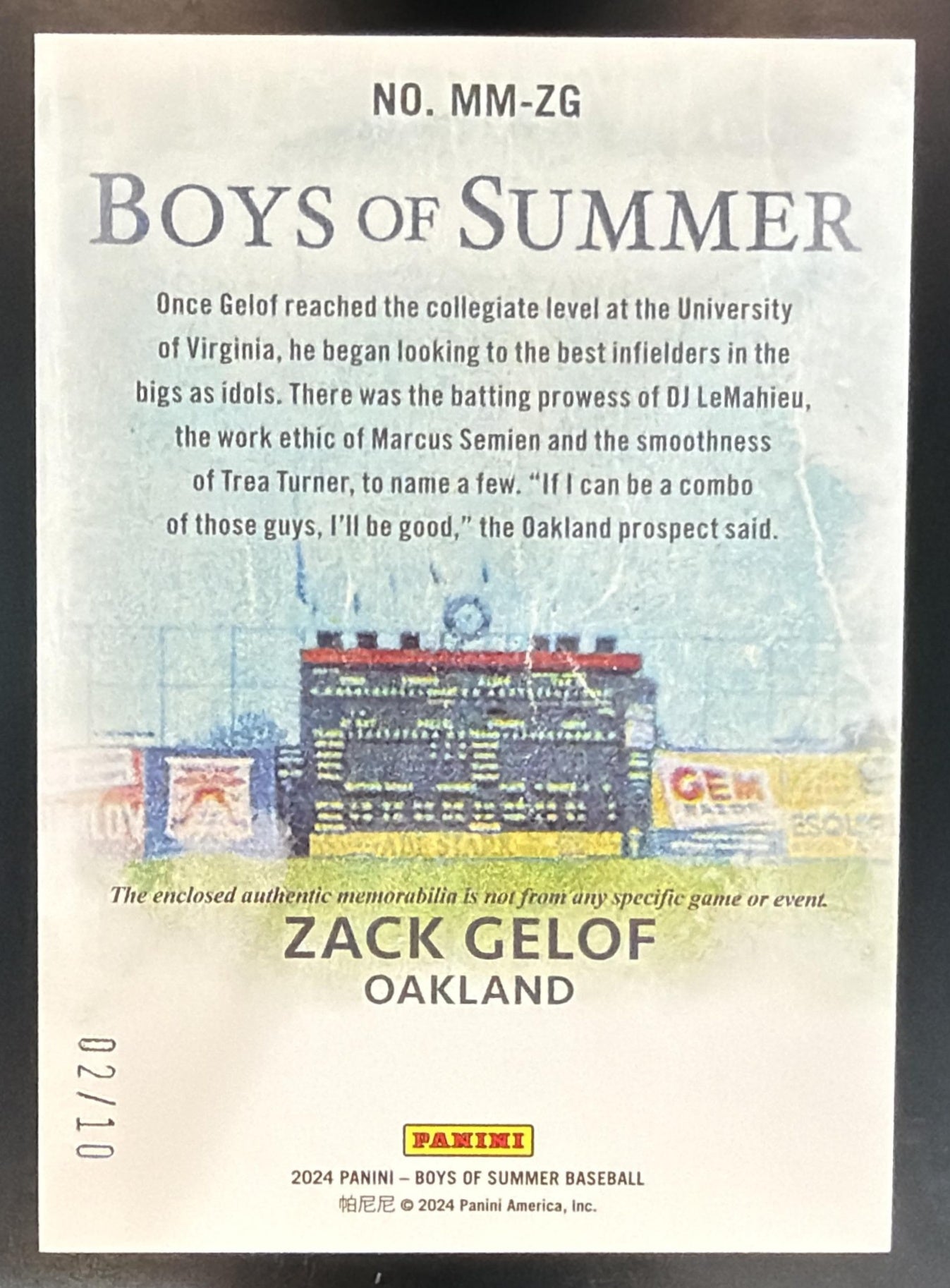 2024 Boys Of Summer Zack Gelof Rookie Jumbo Relics /10 — back