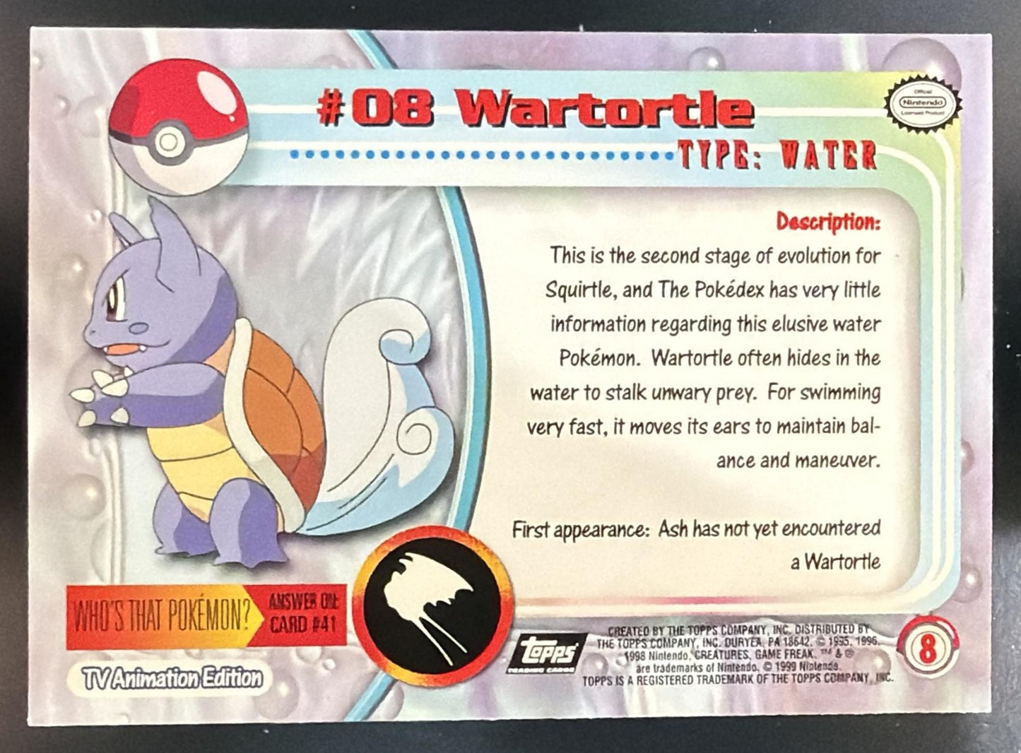 1999 Topps Pokemon TV Animation Edition Series 1 Wartortle #8 — back