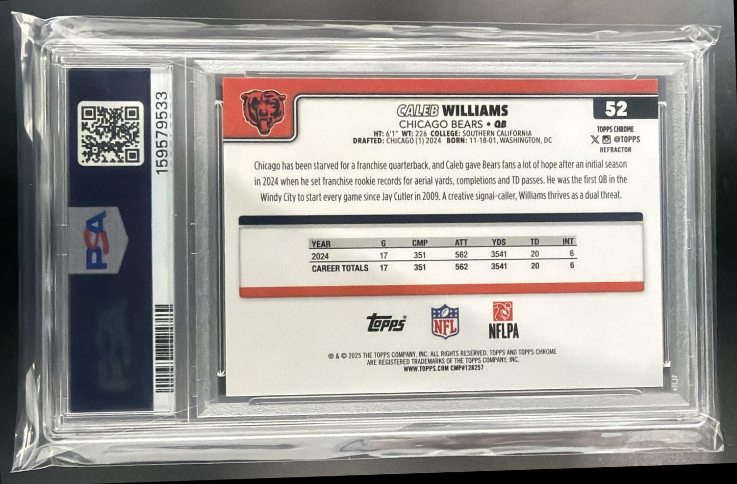 2025 Topps Chrome Caleb Williams #52 Refractor Bears PSA 9 — back