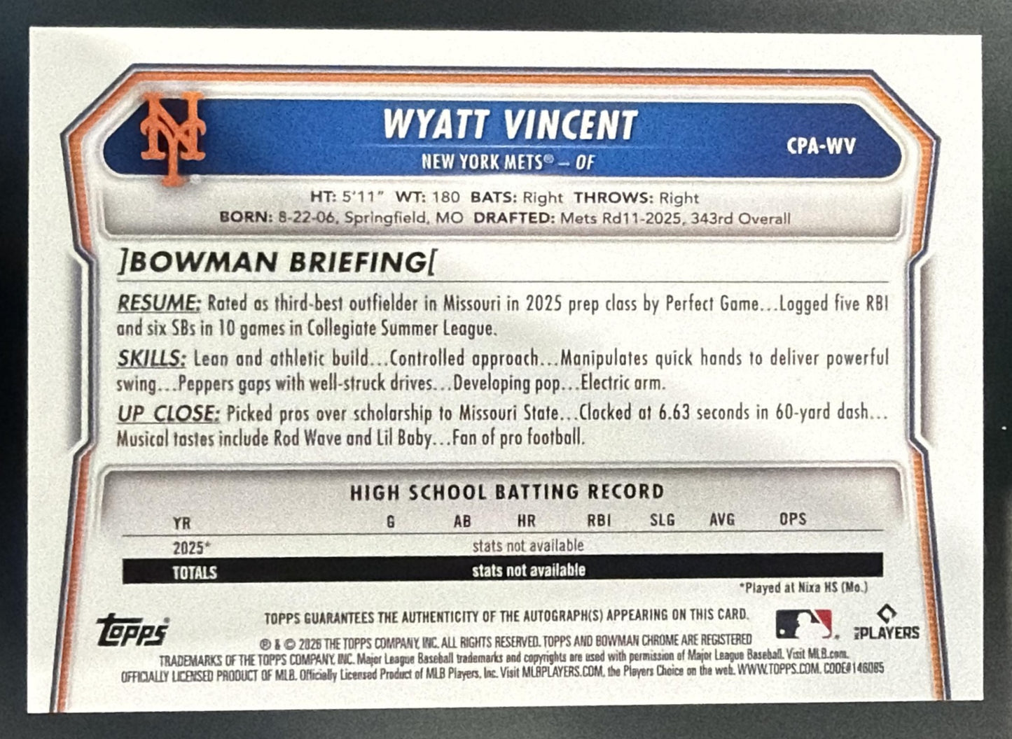 2026 Bowman Chrome Wyatt Vincent #CPA-WV Auto 1st Prospect Mets — back