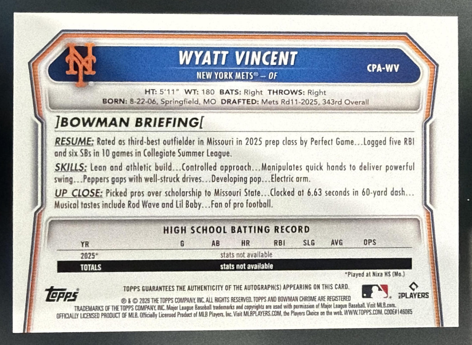 2026 Bowman Chrome Wyatt Vincent #CPA-WV Auto 1st Prospect Mets — back