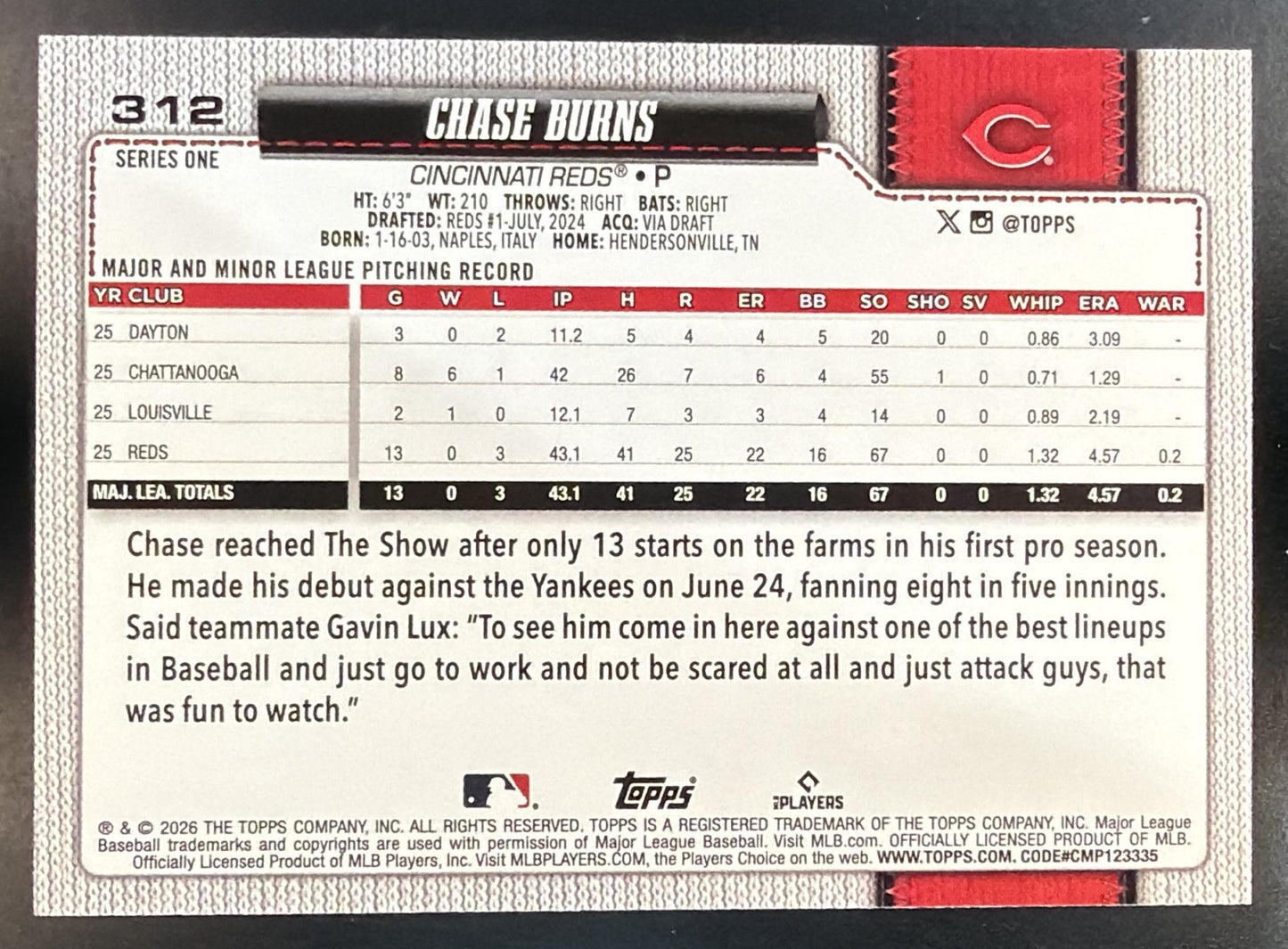 2026 Topps Series 1 Chase Burns #312 Team Color Border Variation Reds — back