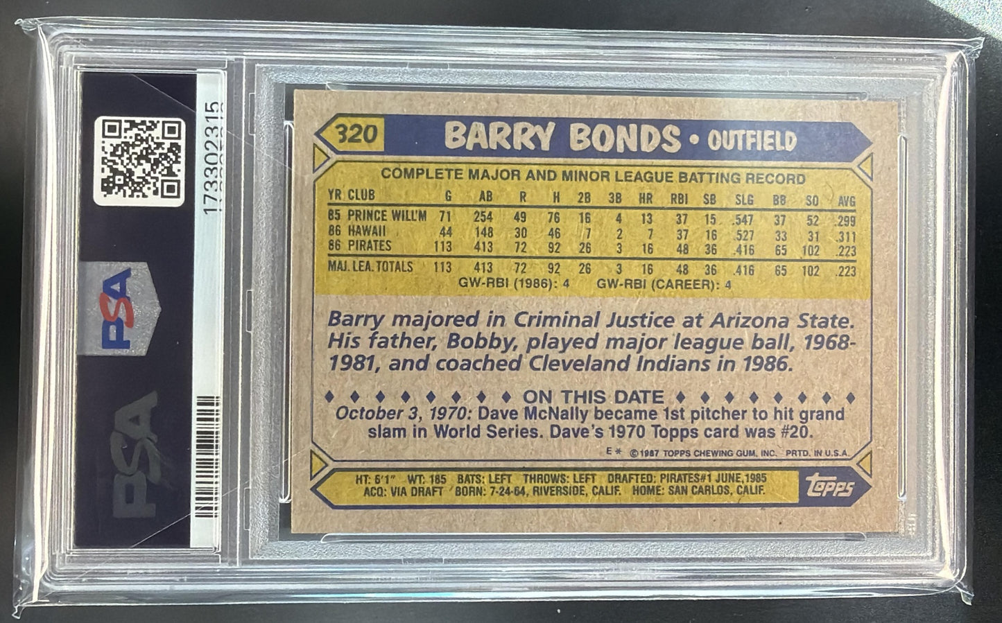 1987 Topps Barry Bonds #320 RC Pirates PSA 8 — back