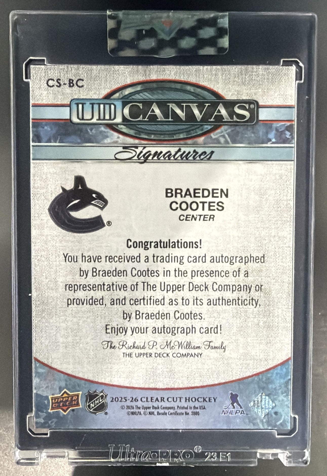 2025 Upper Deck Clear Cut Braeden Cootes #CS-BC Canvas Signatures Auto — back