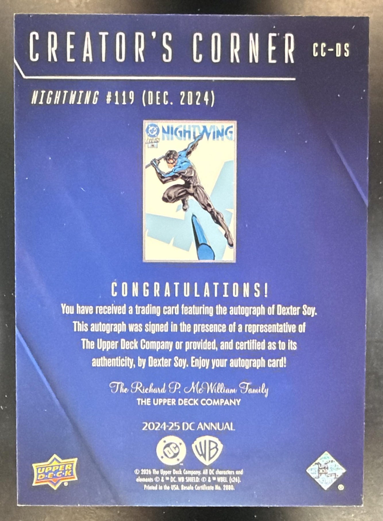 2024-25 Upper Deck DC Annual Dexter Soy #CC-DS Creators Corner Autos Auto — back