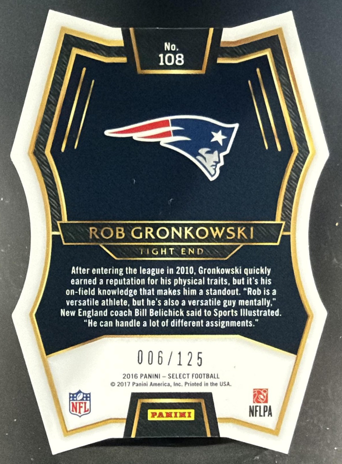 2016 Panini Select Rob Gronkowski Light Blue Die Cut Prizm /125 Premier Level — back