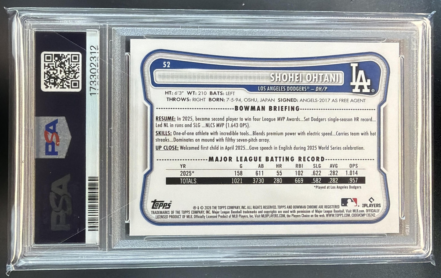 2026 Bowman Shohei Ohtani #52 Dodgers PSA 10 — back