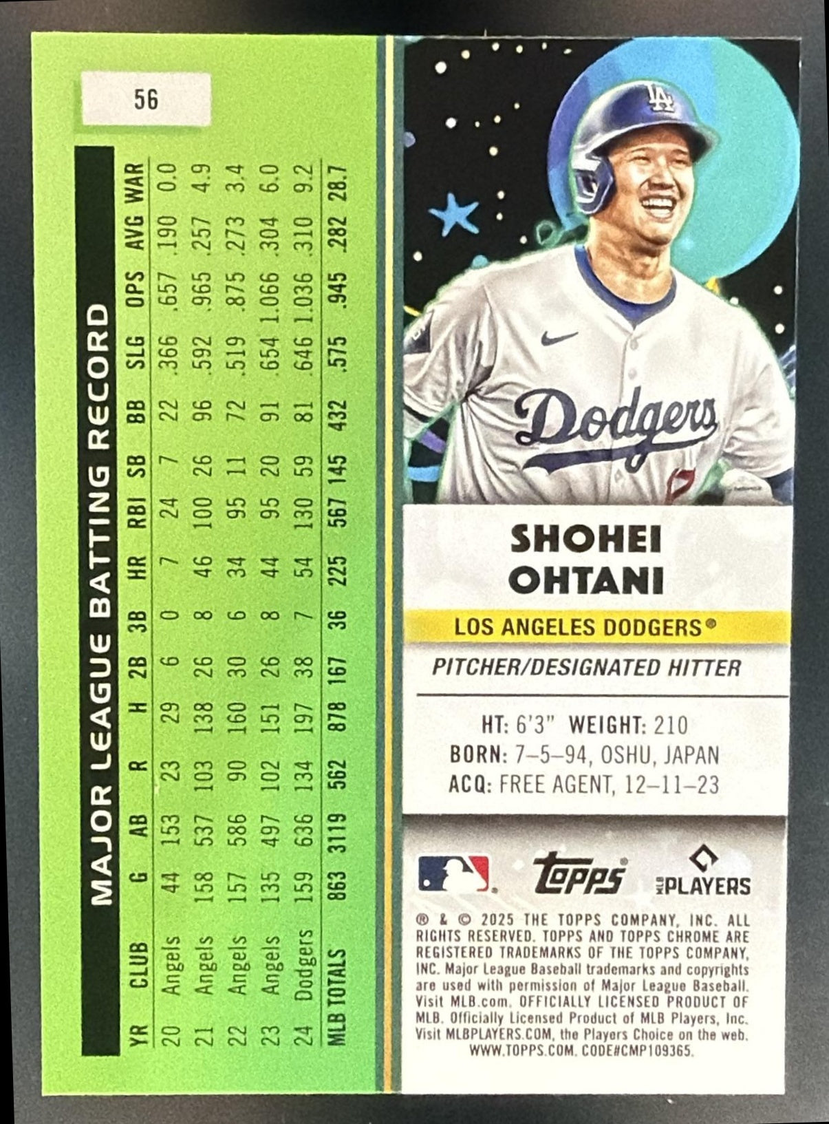 2025 Topps Cosmic Chrome Shohei Ohtani #56 Dodgers — back