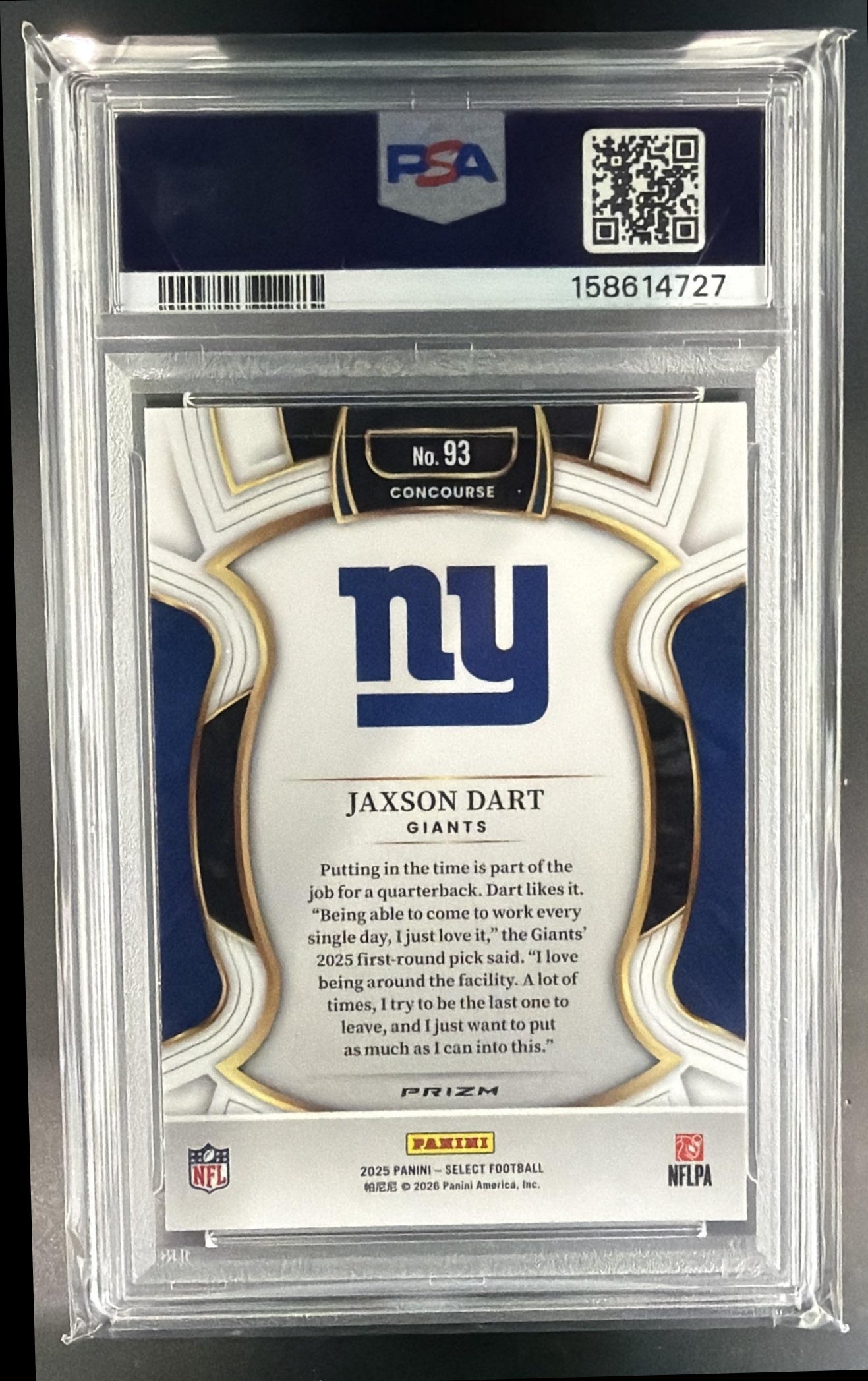 2025 Panini Select Jaxson Dart #93 Concourse Pink Prizm Shock RC Giants PSA 9 — back