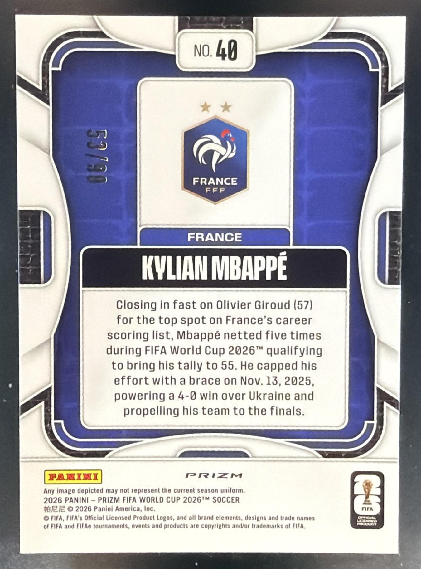 2026 Panini Prizm World Cup Kylian Mbappe #40 Teal Wave 53/99 France — back