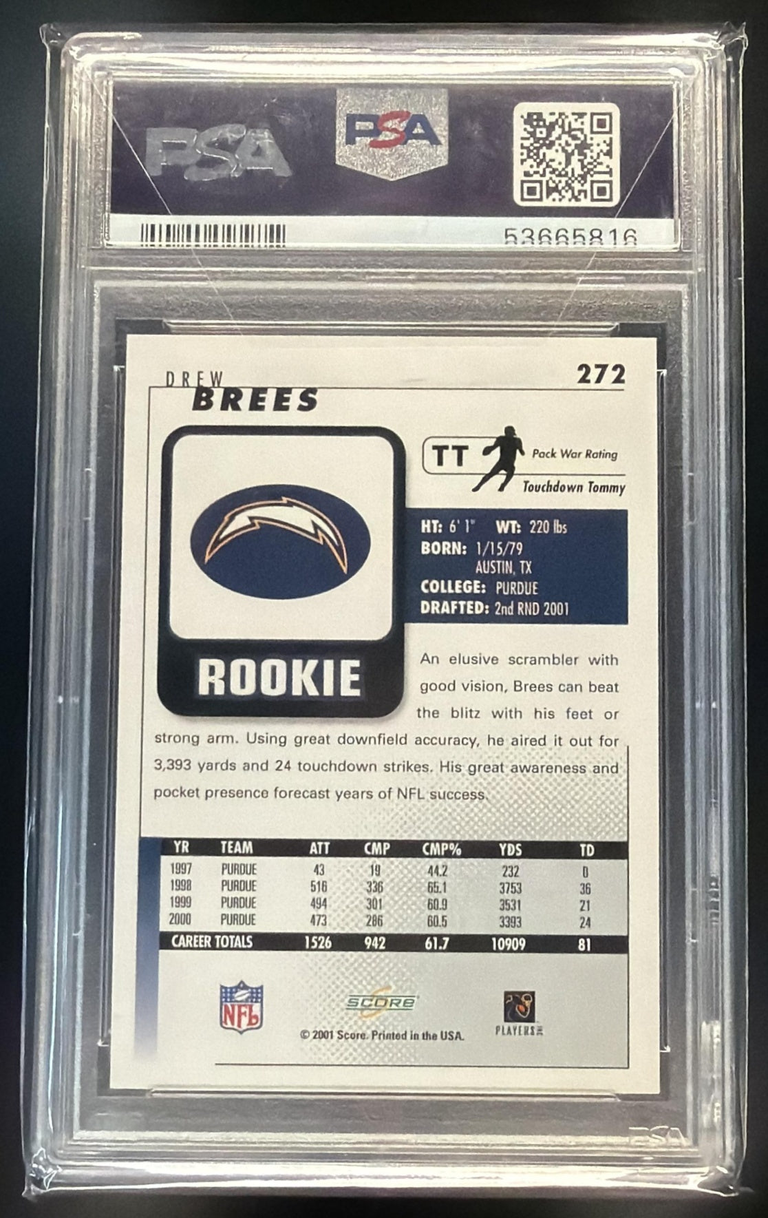 2001 Score Drew Brees #272 RC Chargers PSA 9