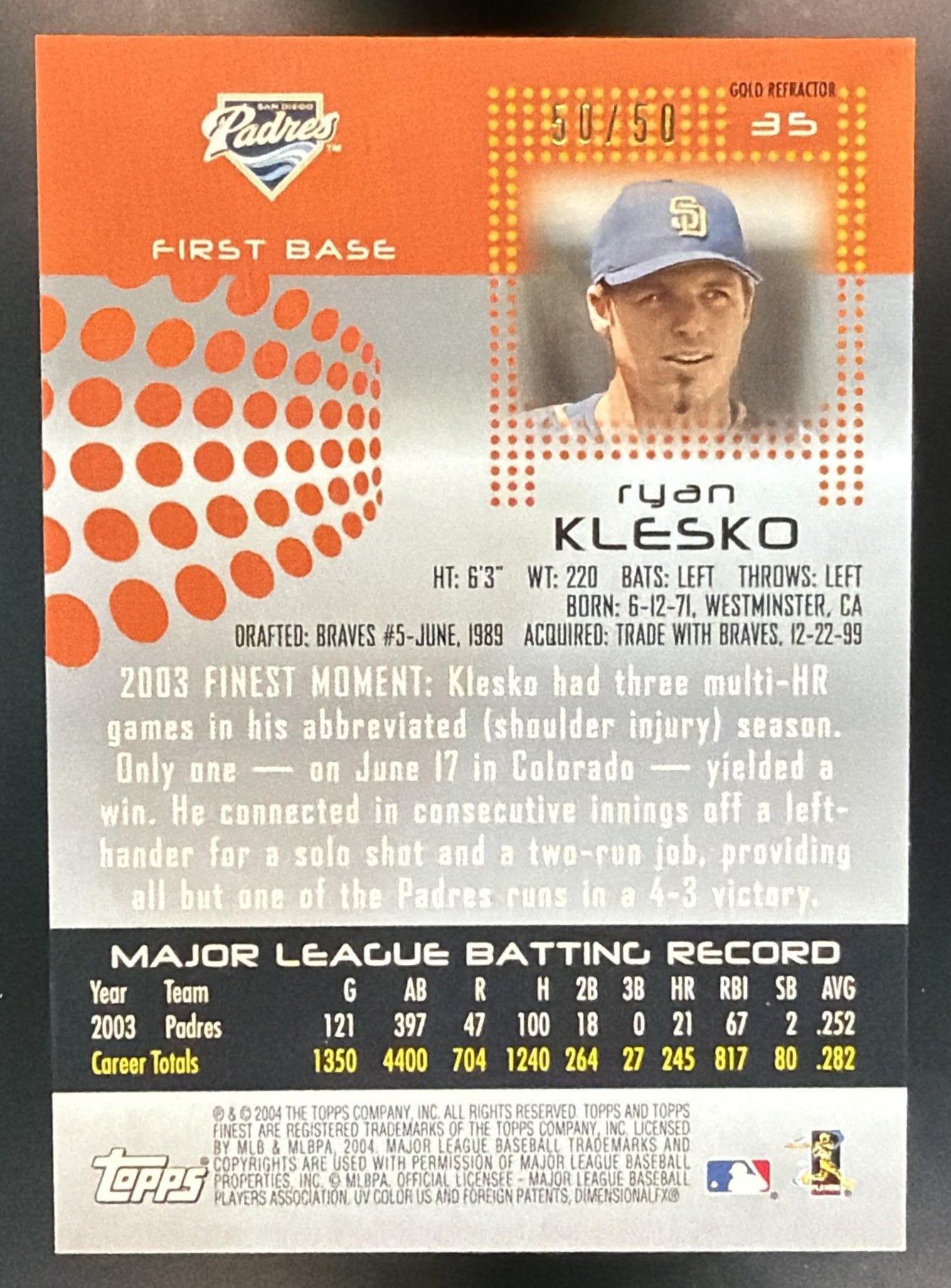 2004 Topps Finest Ryan Klesko #35 Gold Refractor 50/50 Padres — back