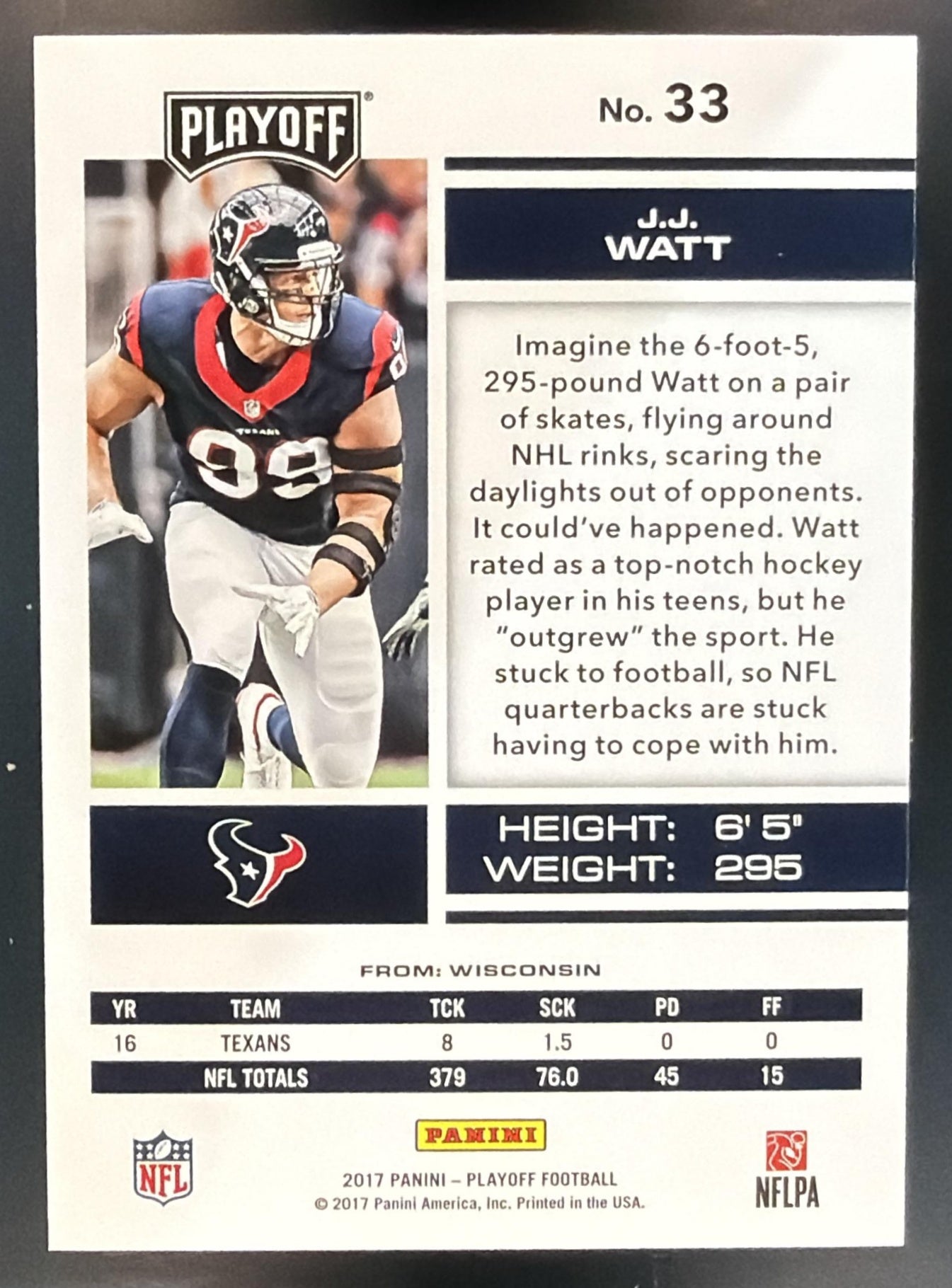 2017 Panini Playoff J.J. Watt #33 2nd Down 30/49 Texans — back