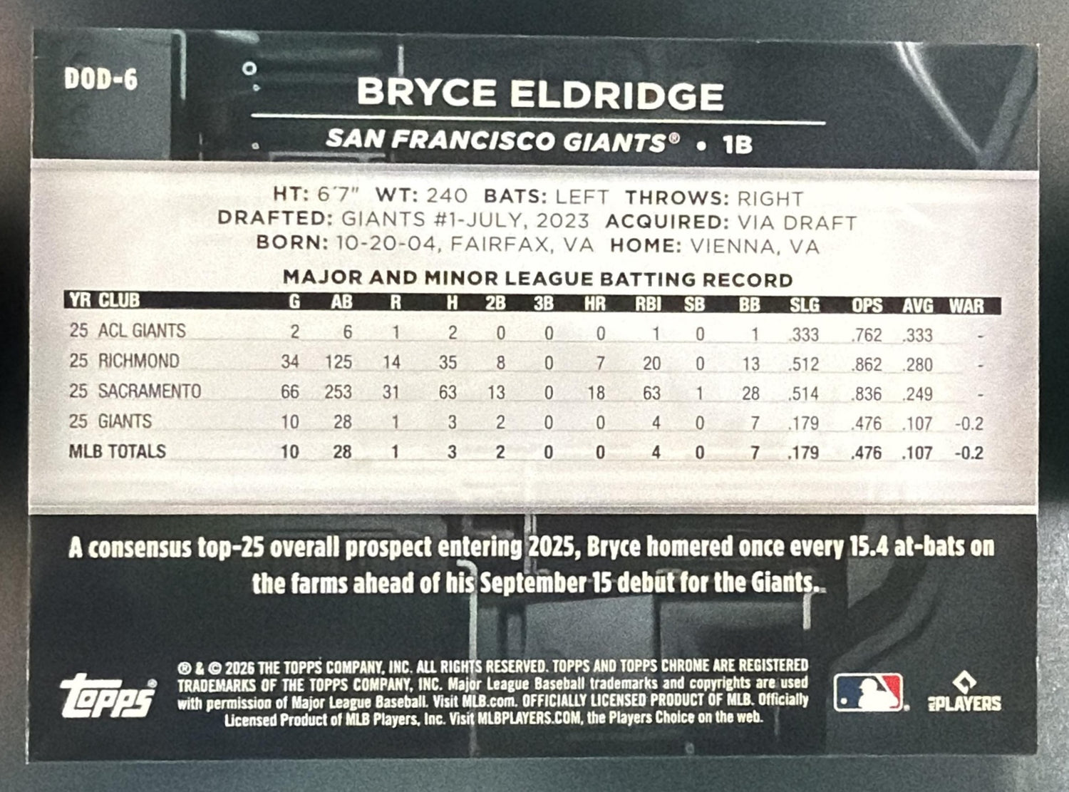 2026 Topps Chrome Black Bryce Eldridge Rookie #DOD-6 Depth of Darkness Giants — back
