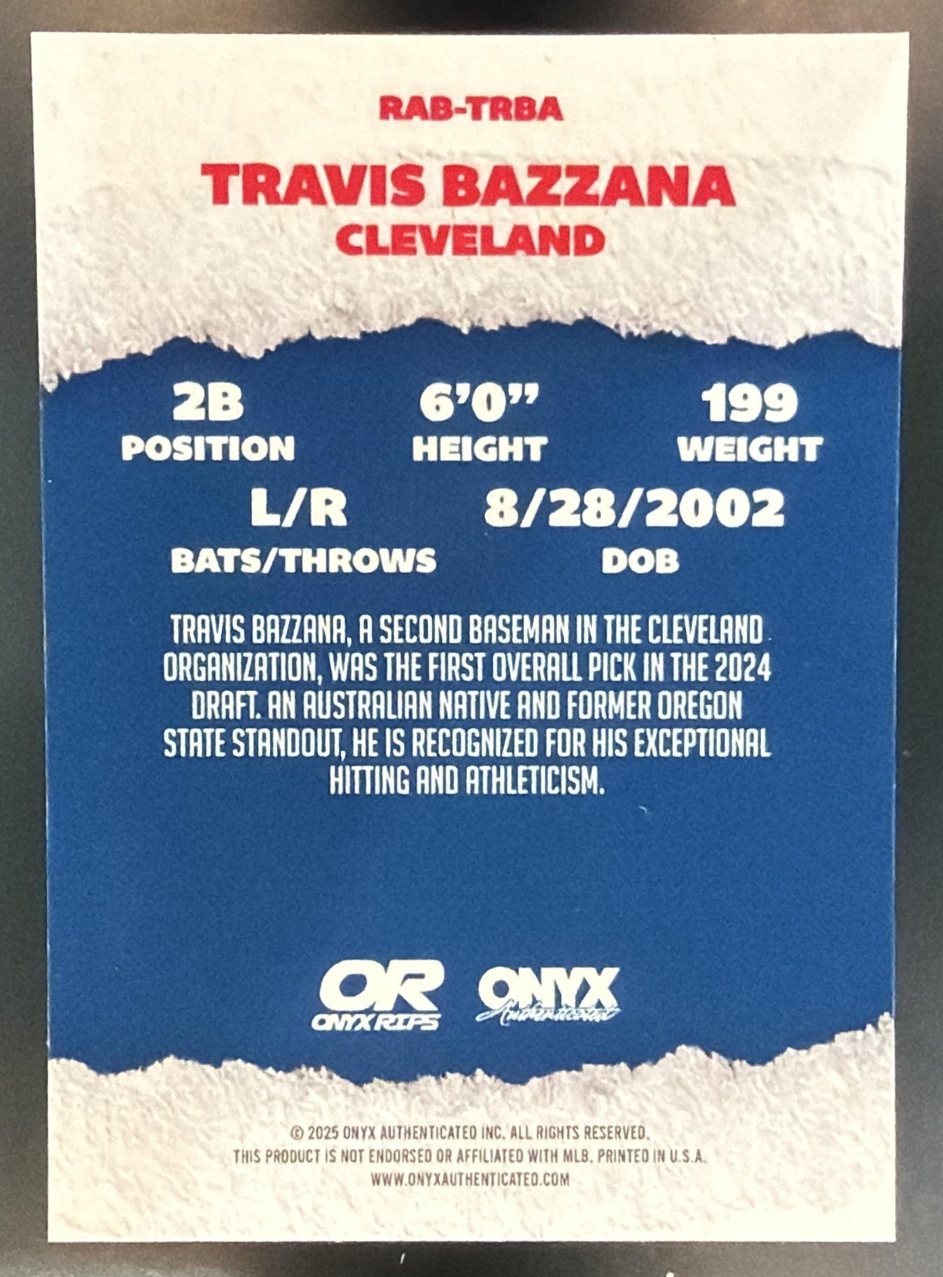 2025 Onyx Travis Bazzana On Card Auto — back