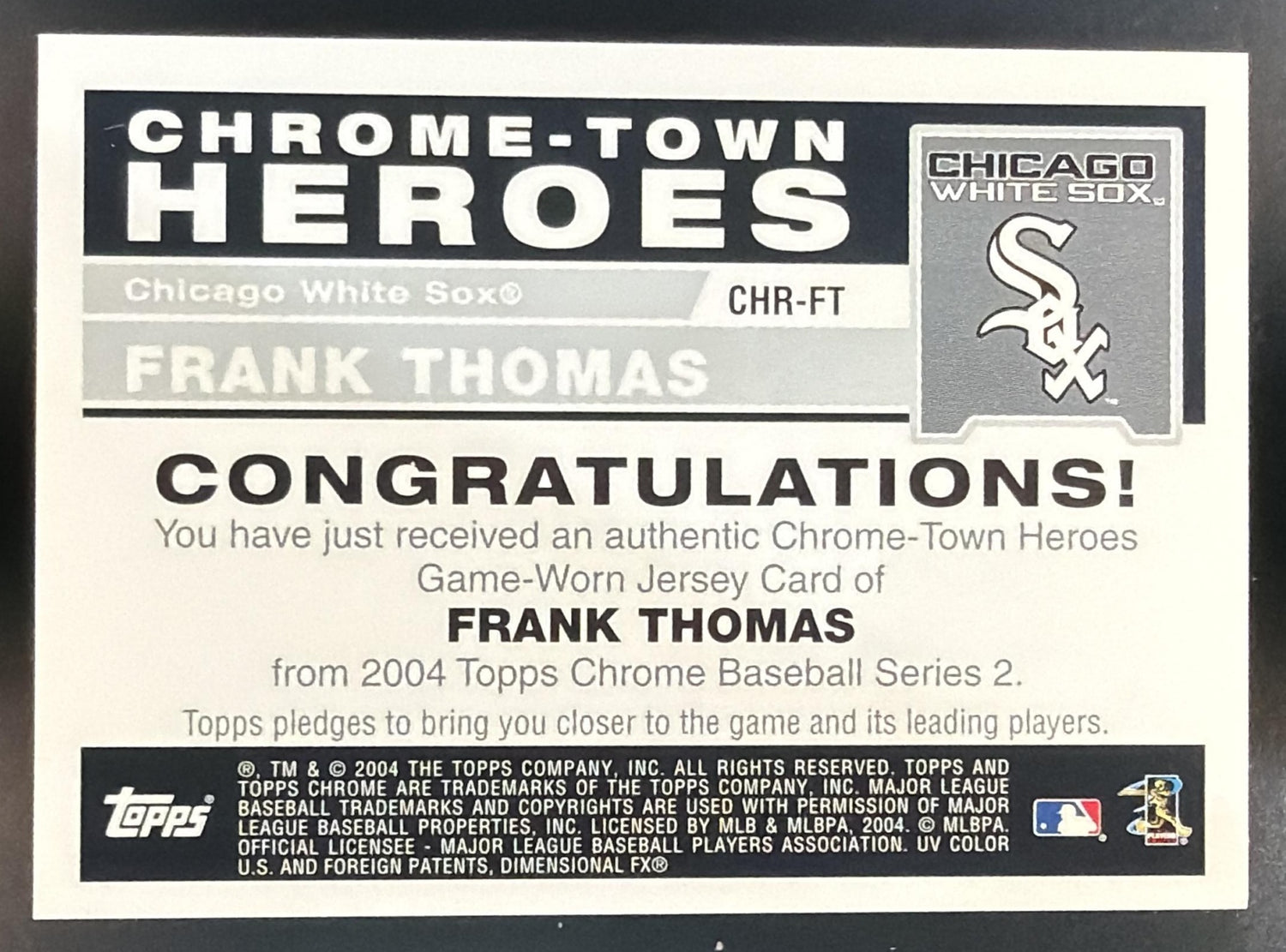 2004 Topps Chrome Frank Thomas #CHR-FT Town Heroes Relics MEM White Sox — back