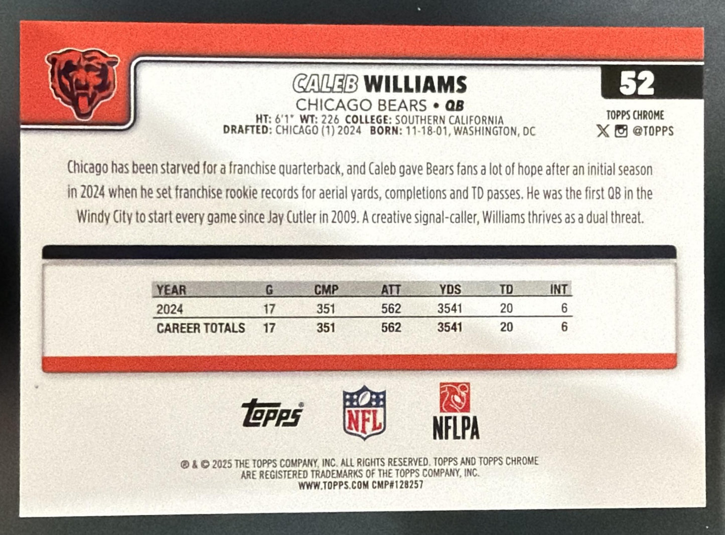 2025 Topps Chrome Caleb Williams #52 Football Leather Orange Refractor /25 — back