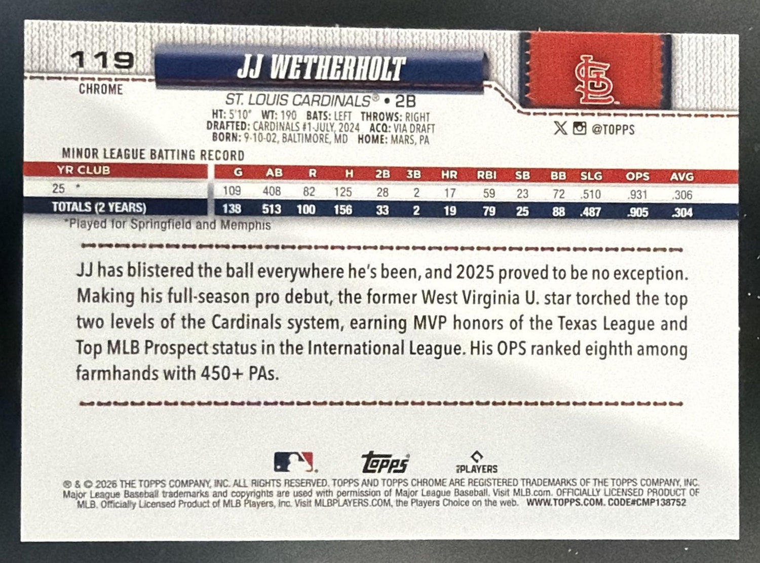 2026 Topps Chrome JJ Wetherholt #119 Image Variation RC Cardinals — back