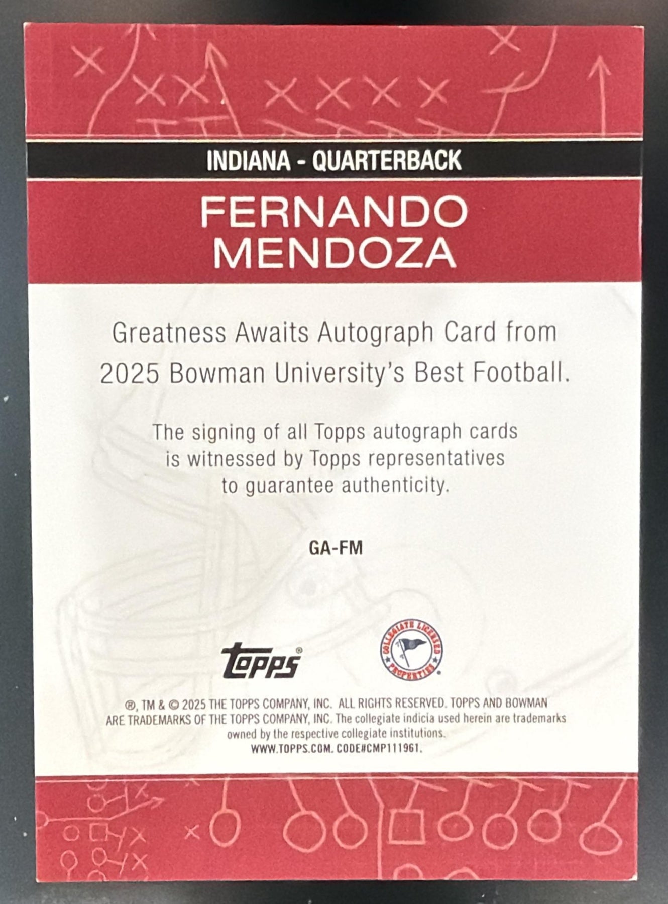 2025 Bowman Best University Fernando Mendoza #GA-FM Greatness Awaits Auto — back