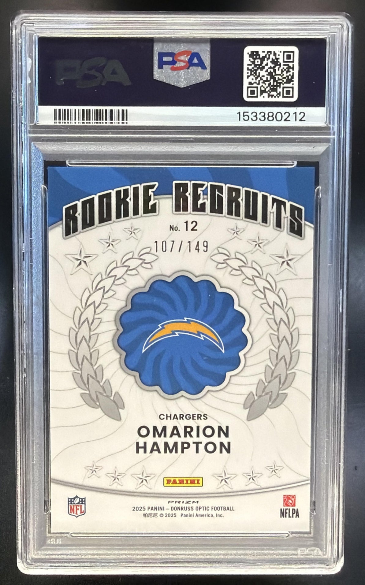 2025 Donruss Optic Omarion Hampton Rookie Black Pandora Prizm /149 RC PSA 10 — back