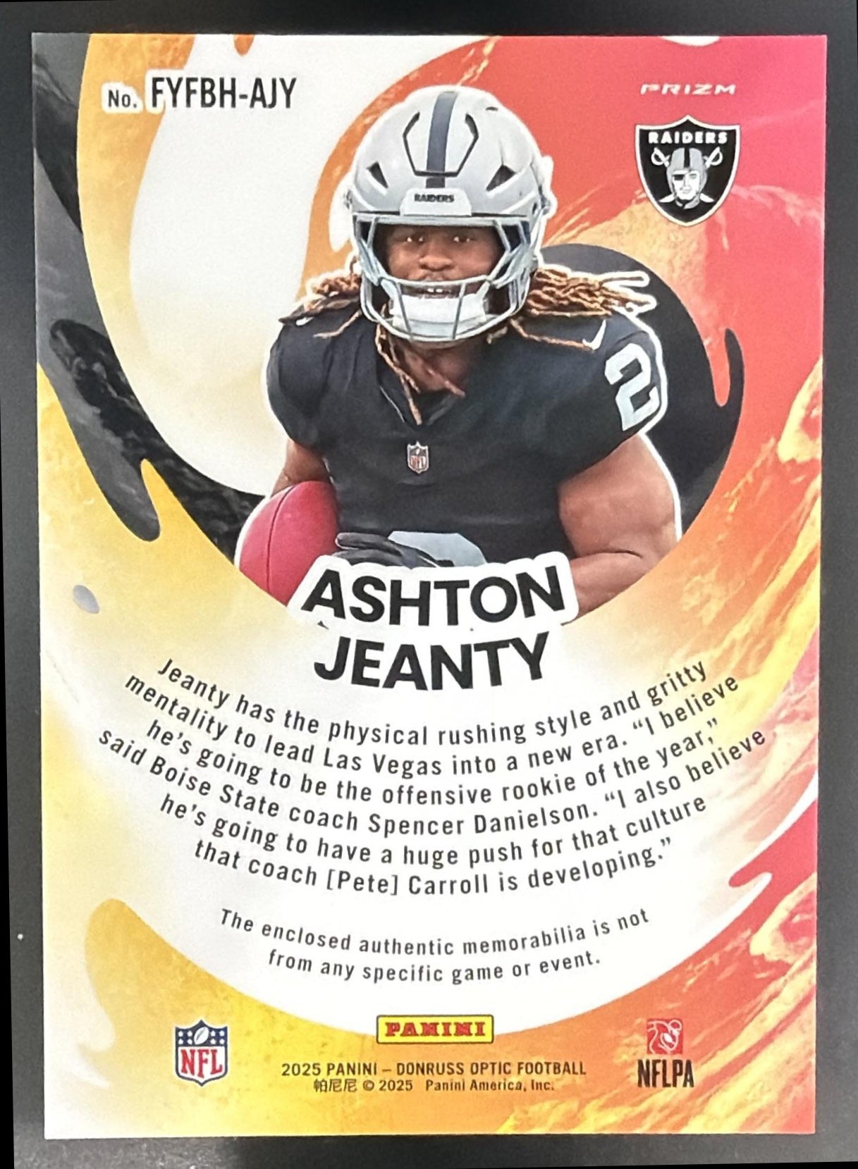 2025 Panini Donruss Optic Ashton Jeanty First Year Fresh Blue Hyper Prizm MEM RC — back