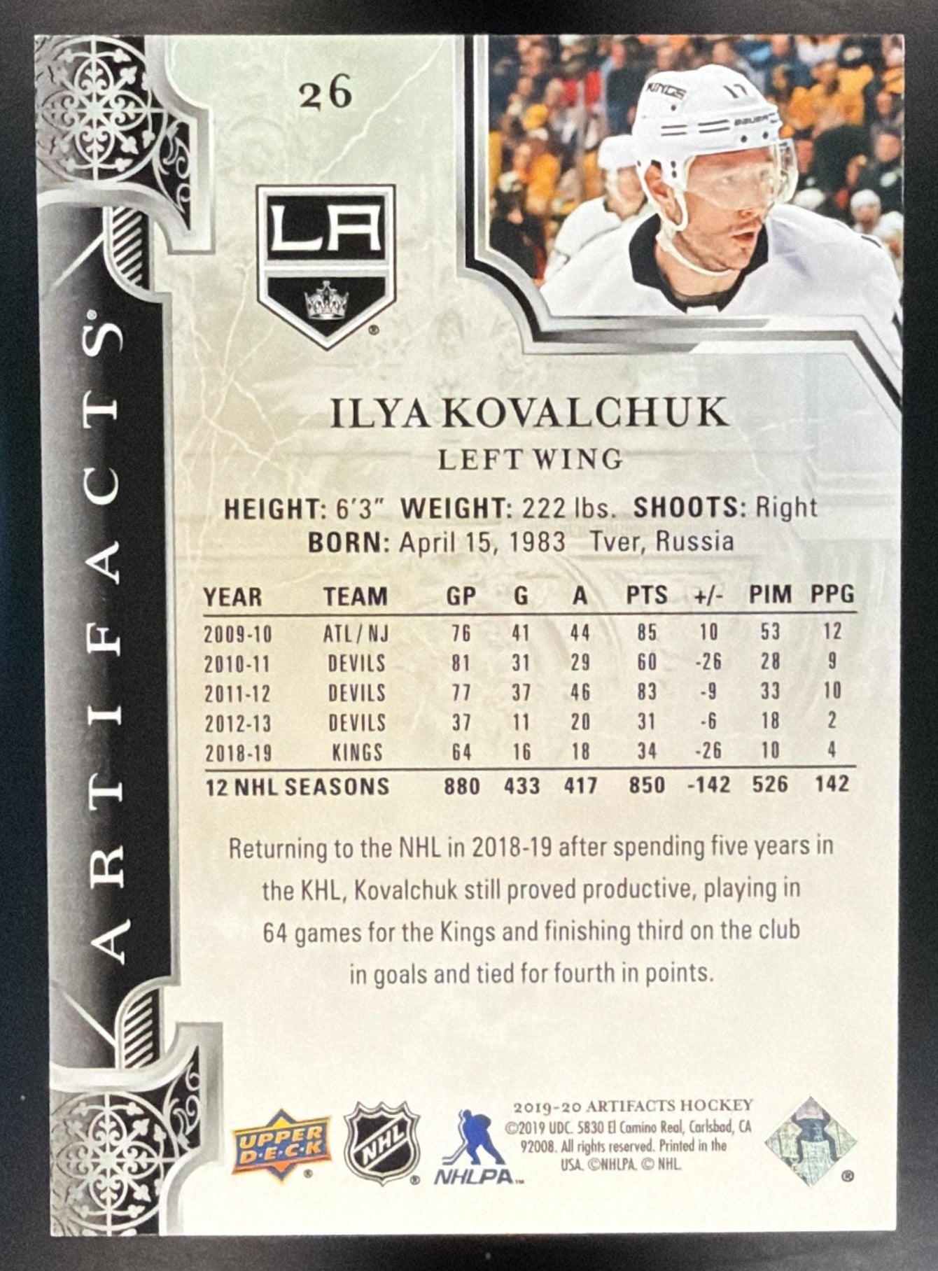 2019-20 Upper Deck Artifacts Ilya Kovalchuk #26 Emerald 23/99 Kings — back