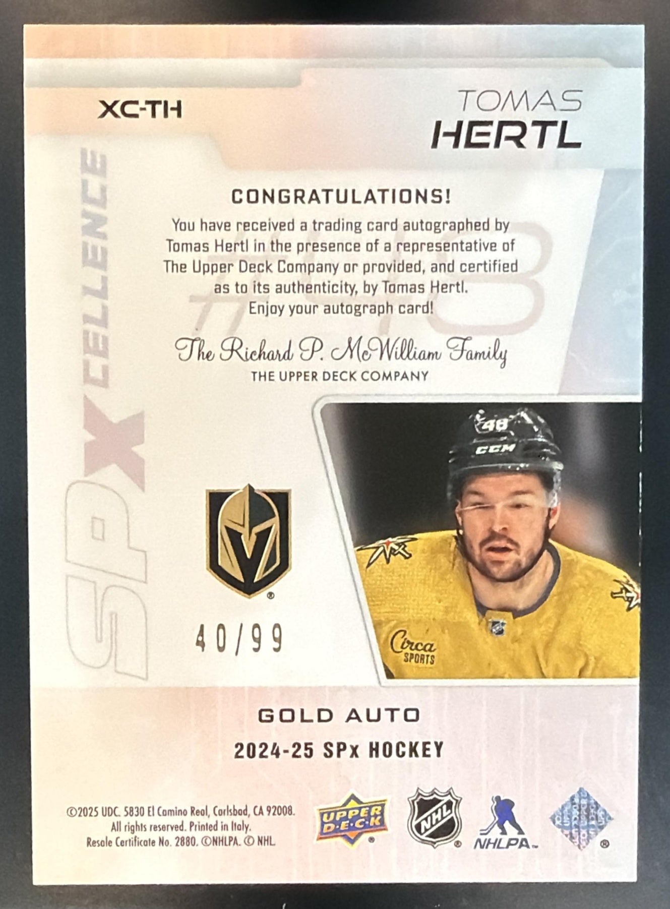 2024-25 Upper Deck SPx Tomas Hertl #XC-TH SPxCellence Auto 40/99 Golden Knights — back
