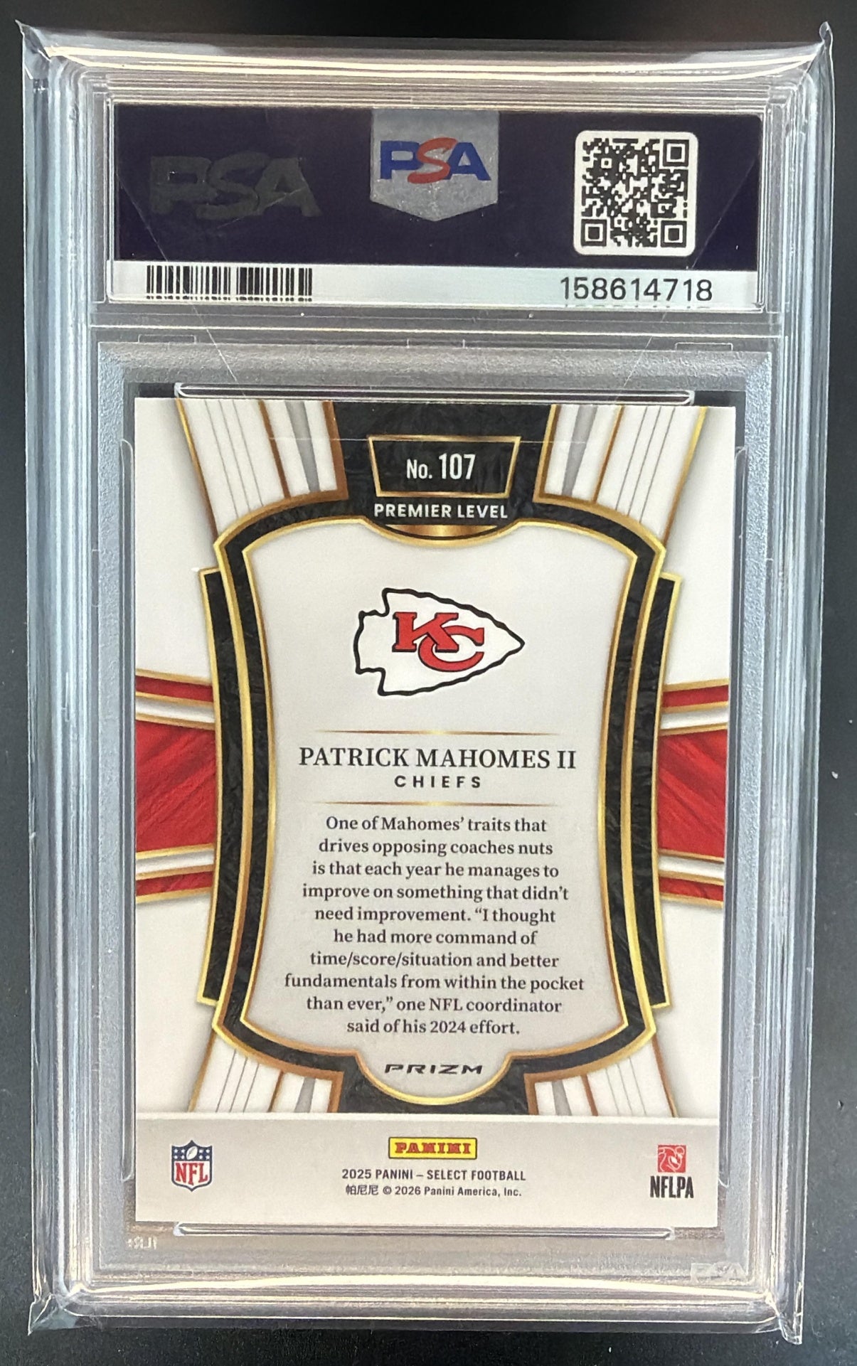 2025 Panini Select Patrick Mahomes II #107 Premier Level Pink Prizm Shock PSA 9 — back