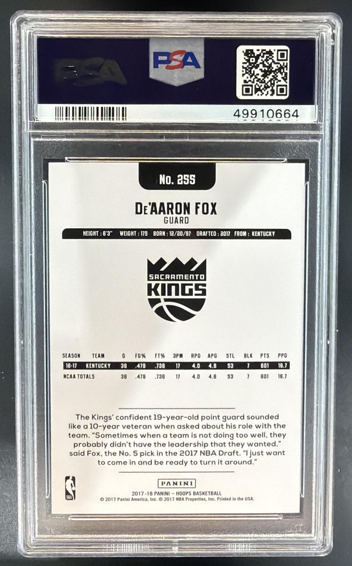 2017-18 Panini Hoops De Aaron Fox #255 RC Kings PSA 10 — back