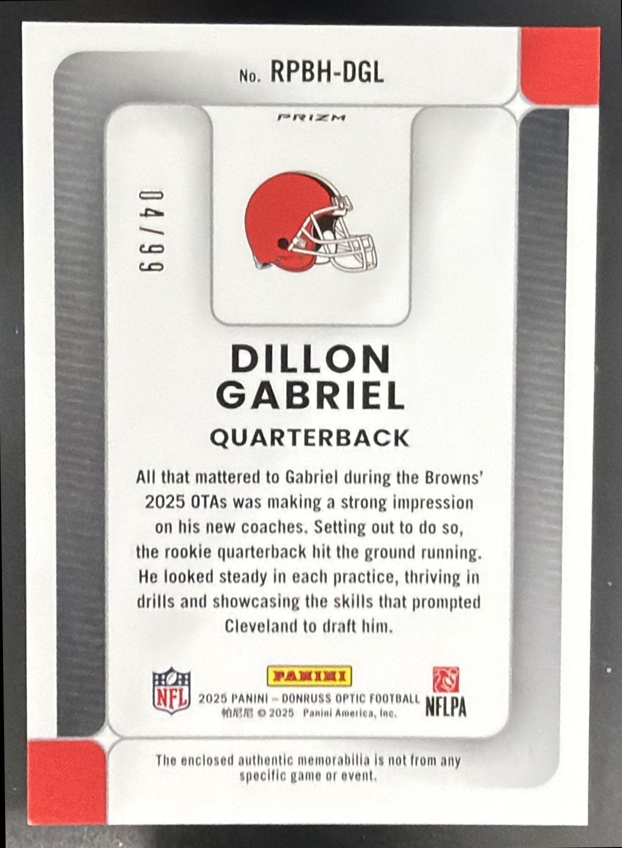 2025 Donruss Optic Dillon Gabriel Rookie Phenoms Neon Yellow Prizm /99 MEM RC — back