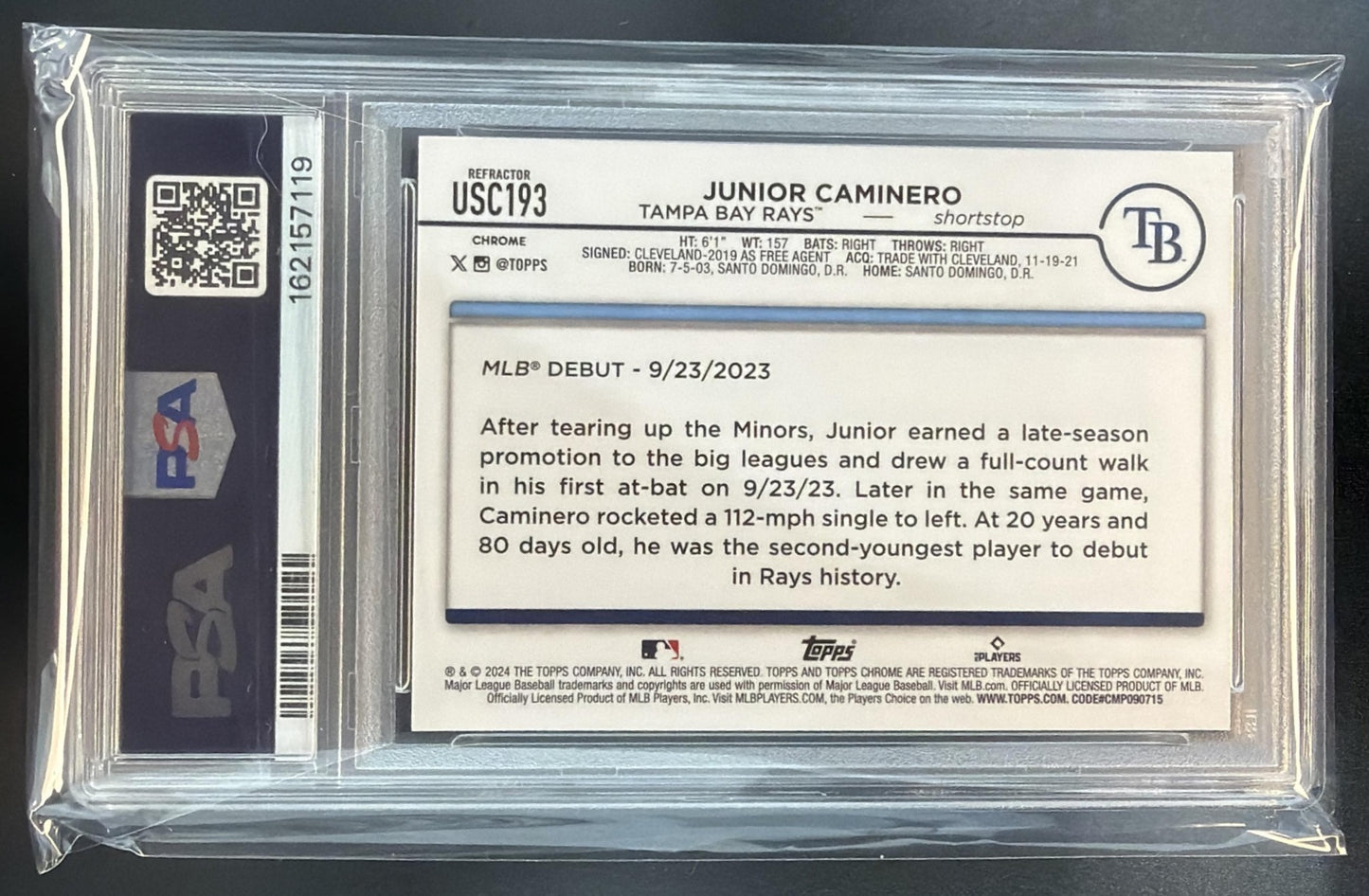 2024 Topps Chrome Update Junior Caminero #USC193 Prism Refractor RC Rays PSA 9 — back