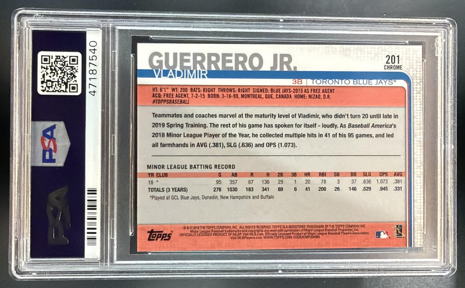 2019 Topps Chrome Vladimir Guerrero Jr. #201 RC Blue Jays PSA 10 — back