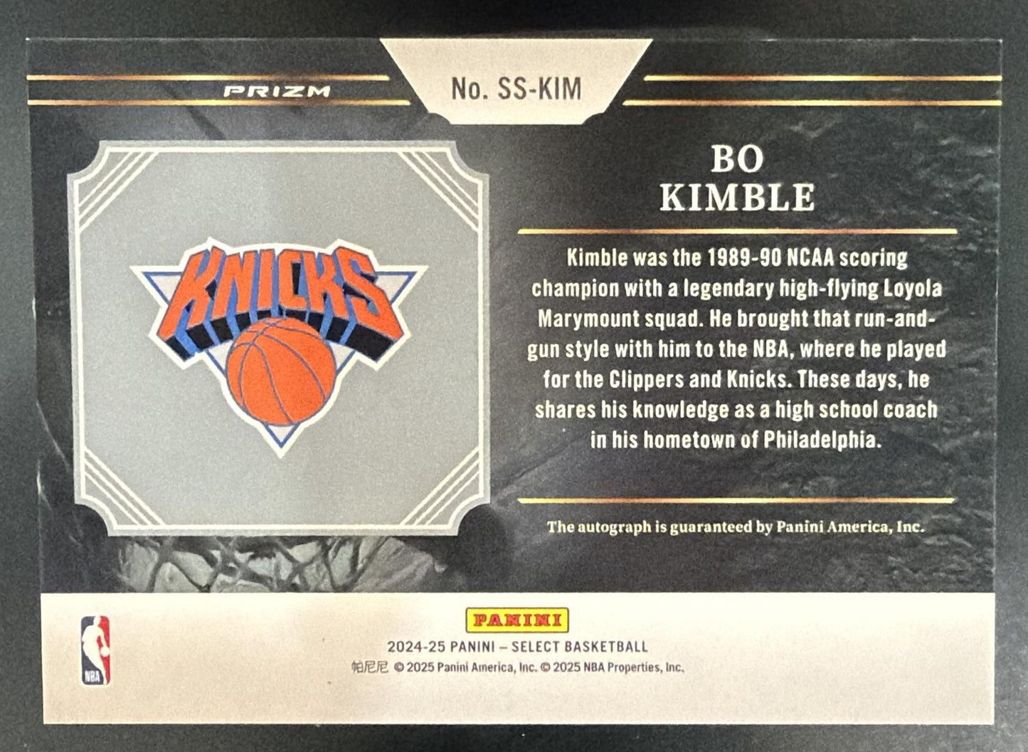 2024-25 Panini Select Bo Kimble #SS-KIM Signature Selections Auto Knicks — back