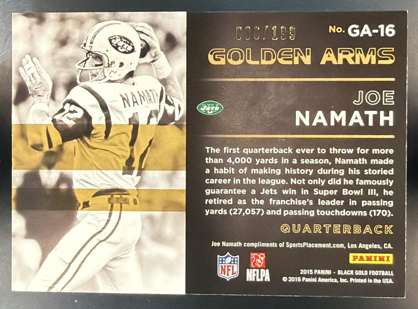 2015 Panini Black Gold Joe Namath #GA-16 Golden Arms 6/199 Jets — back
