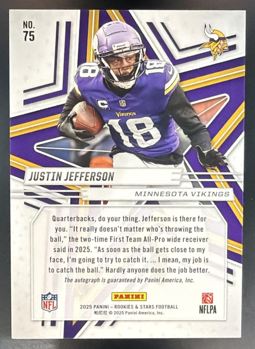 2025 Panini Rookies & Stars Justin Jefferson #75 Signatures Preferred /100 Auto — back
