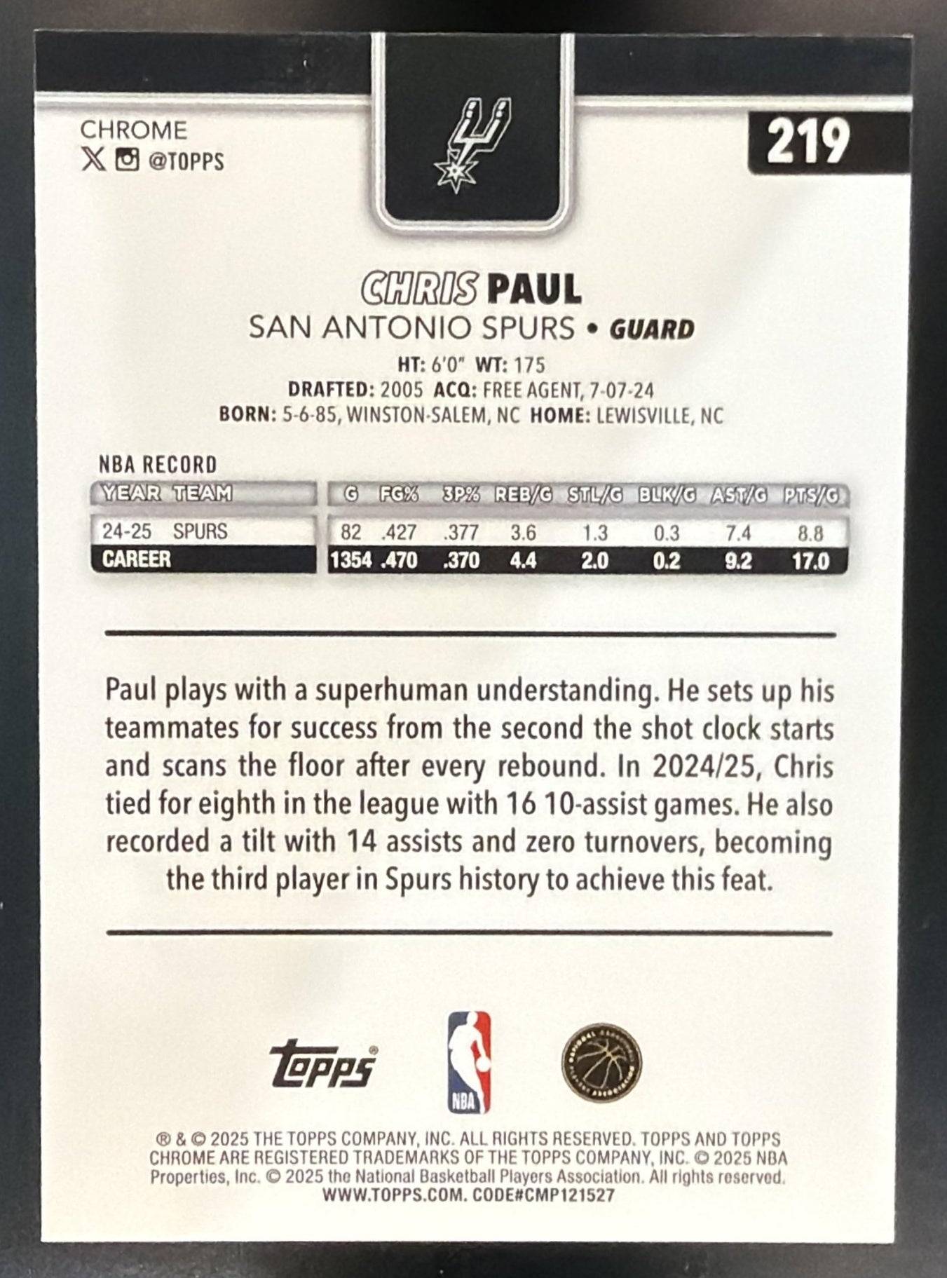 2025-26 Topps Chrome Chris Paul #219 RayWave Aqua Refractor /199 Spurs — back